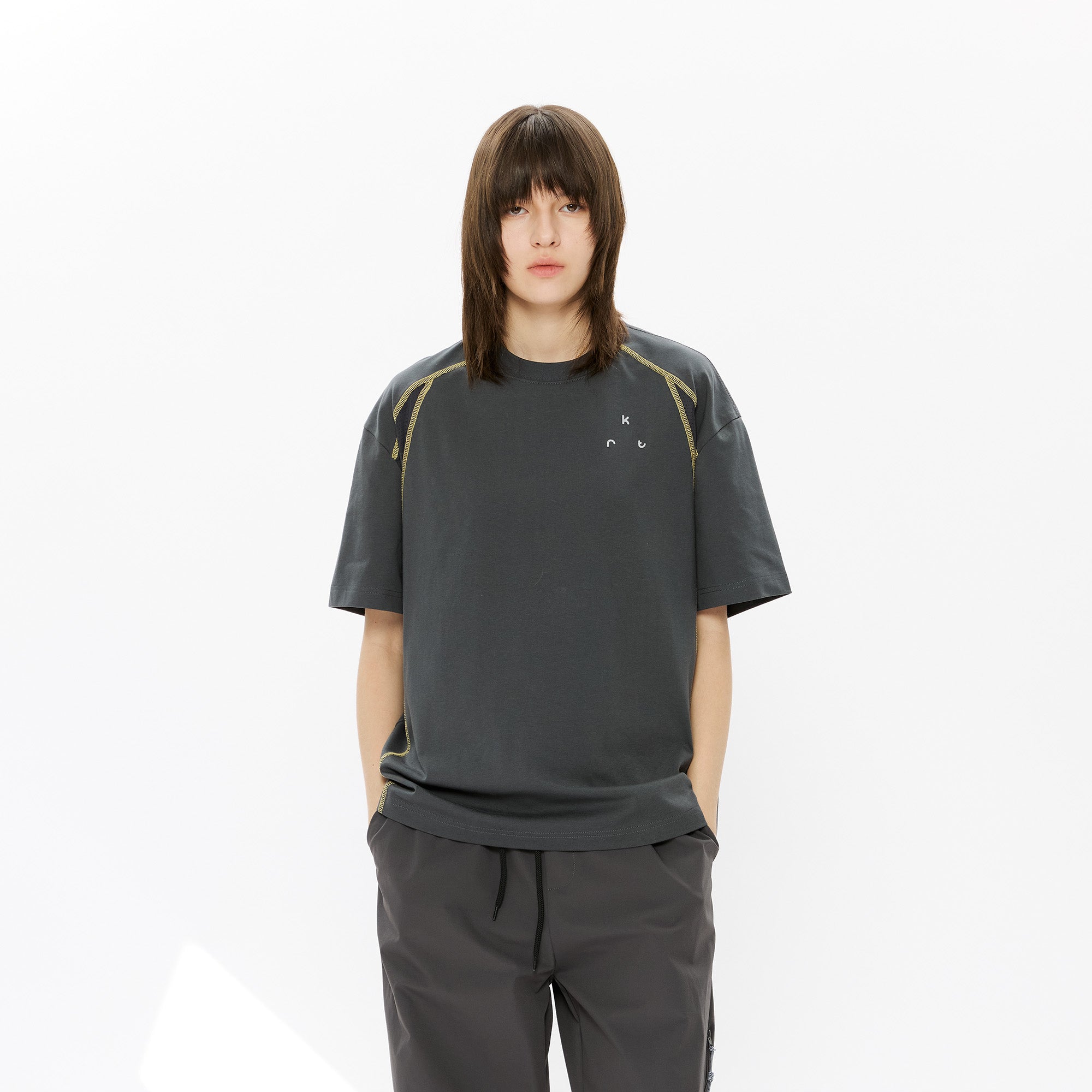 KREATE Contrast Saddle-Stitch Knit Tee-T Shirt-S-Dark Gray-Free Shipping Leatheretro