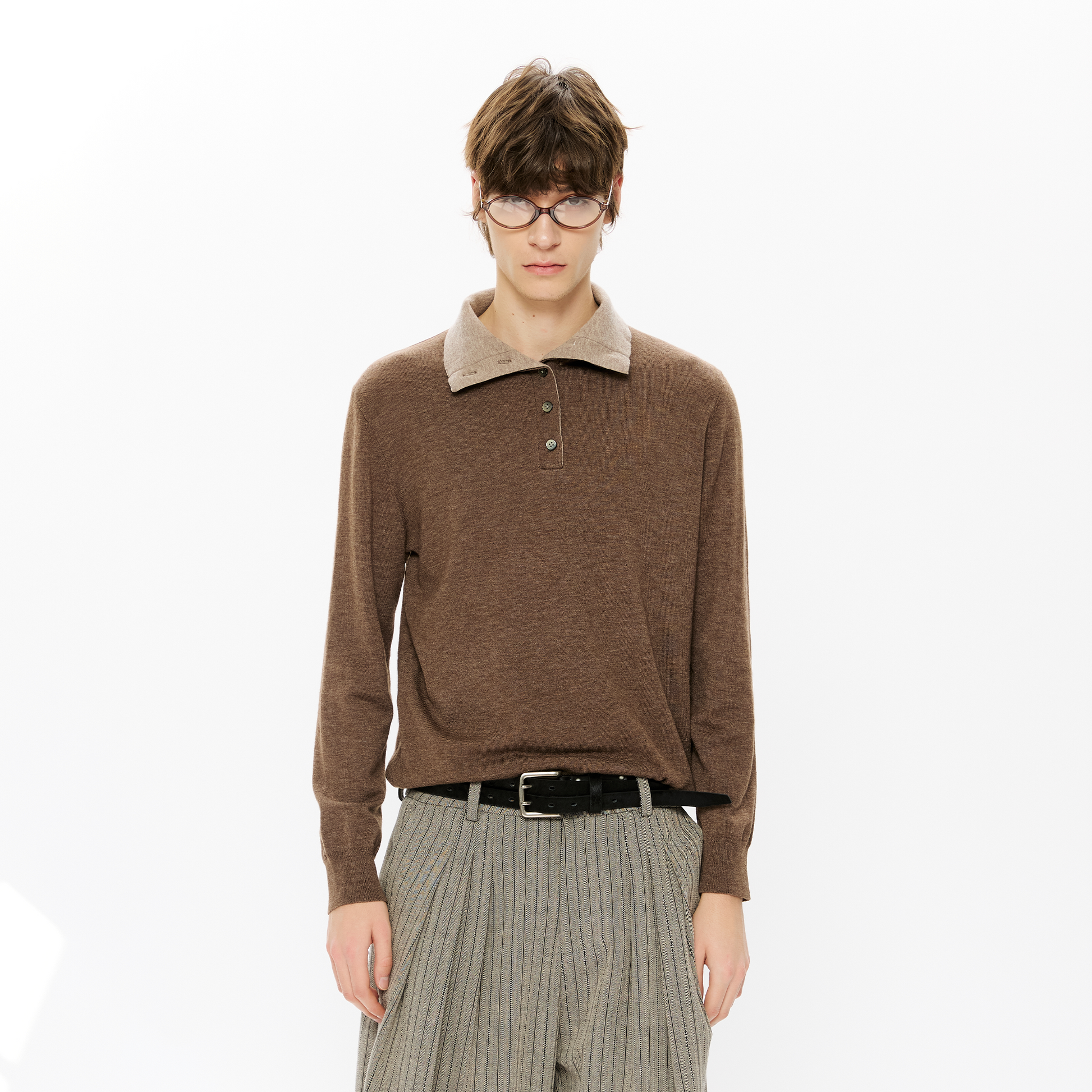 KREATE Double-Collar Wool-Blend Knit Polo-Sweater-S-Coffee-Free Shipping Leatheretro