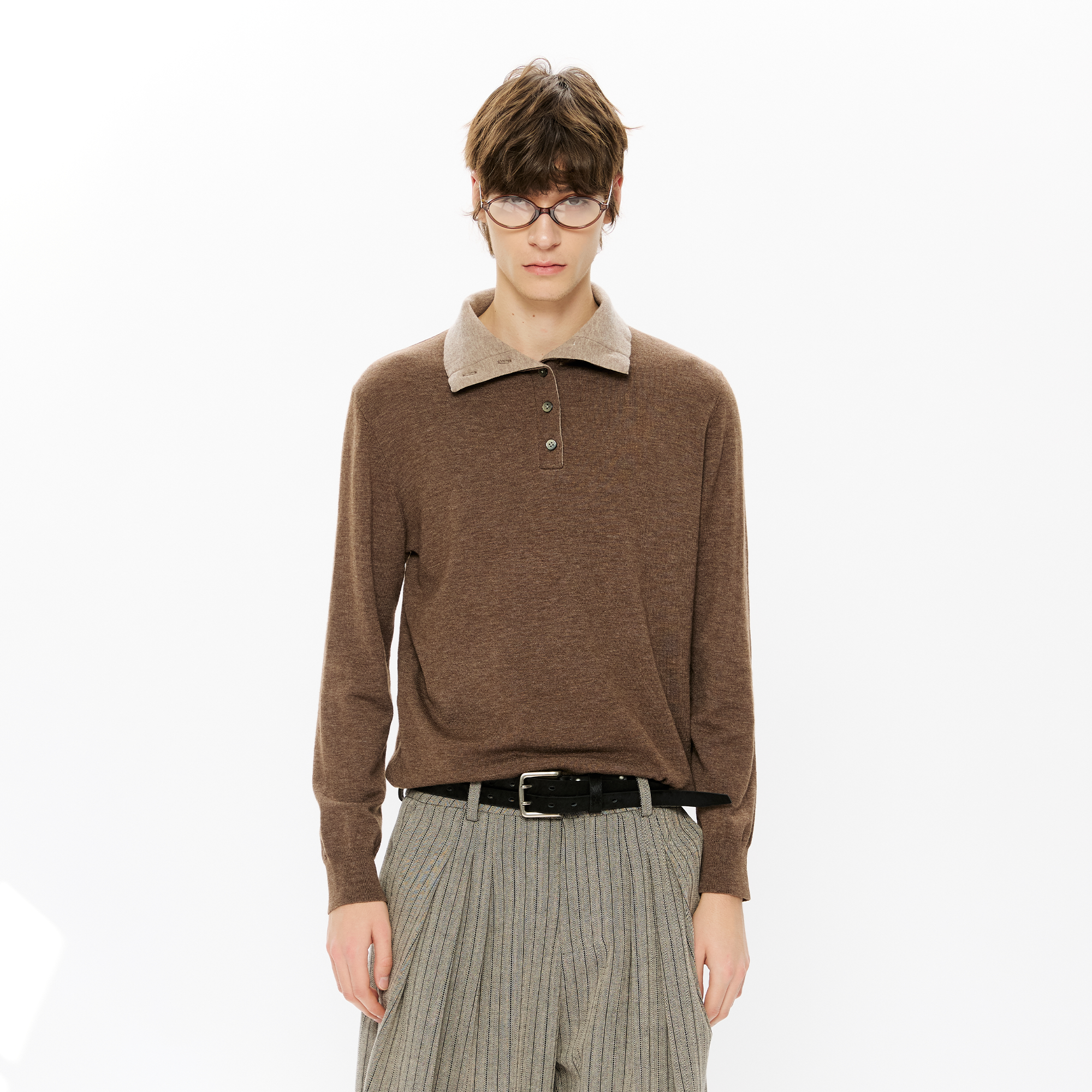 KREATE Double-Collar Wool-Blend Knit Polo-Sweater-S-Coffee-Free Shipping Leatheretro