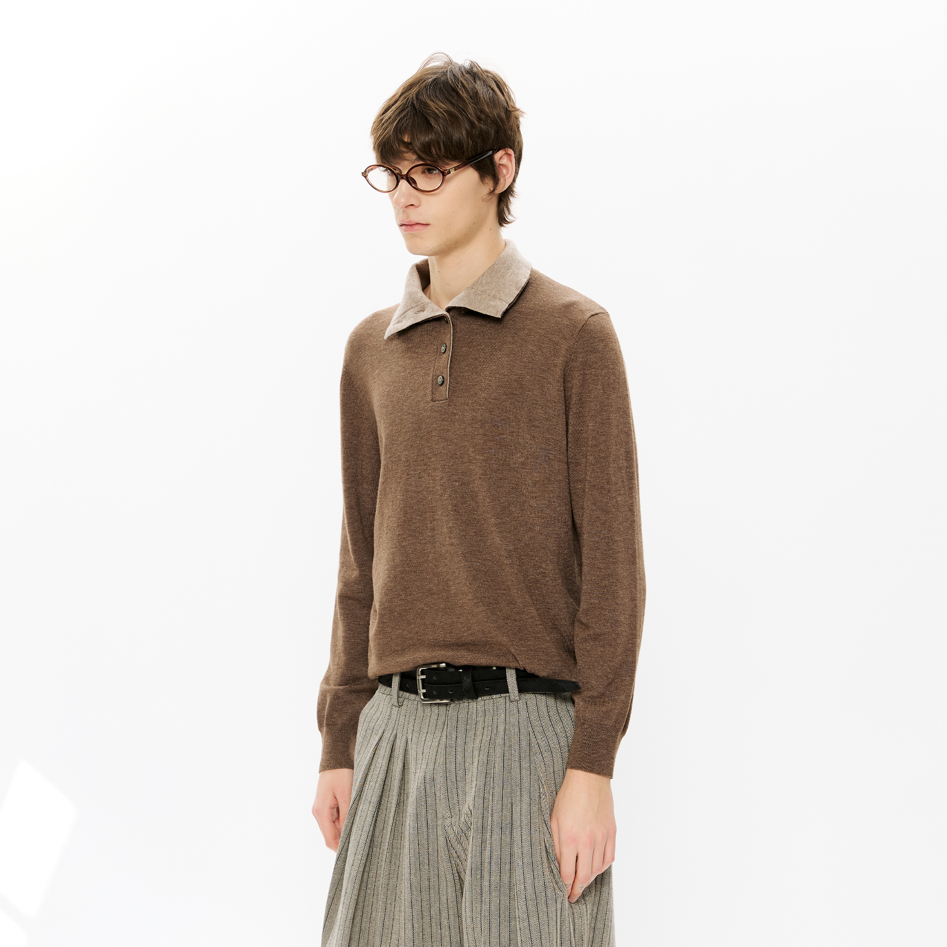 KREATE Double-Collar Wool-Blend Knit Polo-Sweater-S-Coffee-Free Shipping Leatheretro