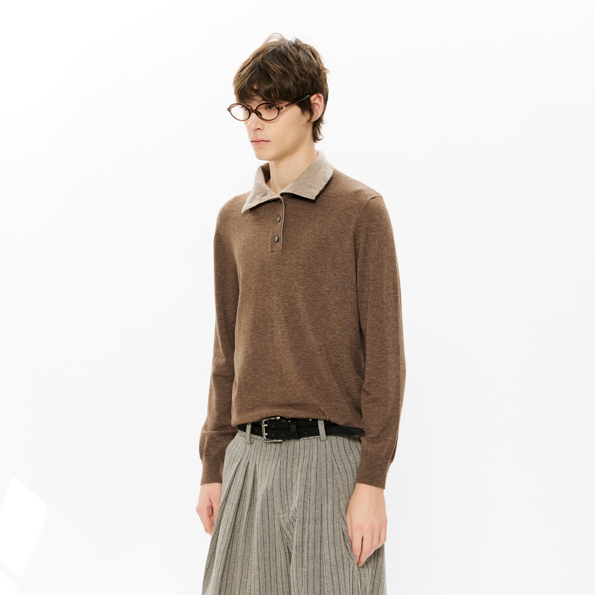 KREATE Double-Collar Wool-Blend Knit Polo-Sweater-S-Coffee-Free Shipping Leatheretro
