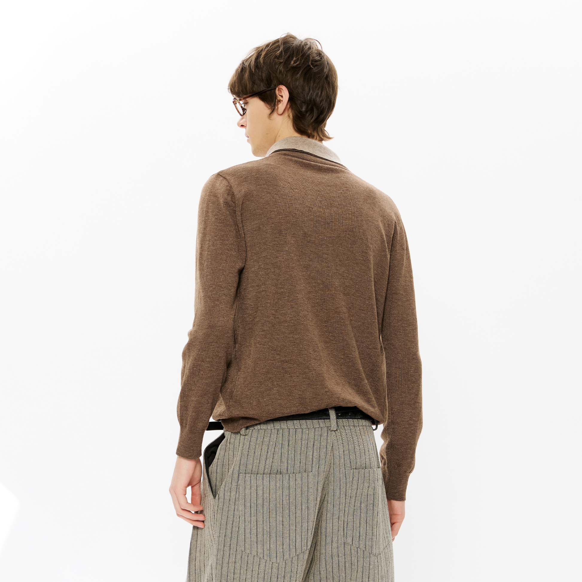 KREATE Double-Collar Wool-Blend Knit Polo-Sweater-S-Coffee-Free Shipping Leatheretro
