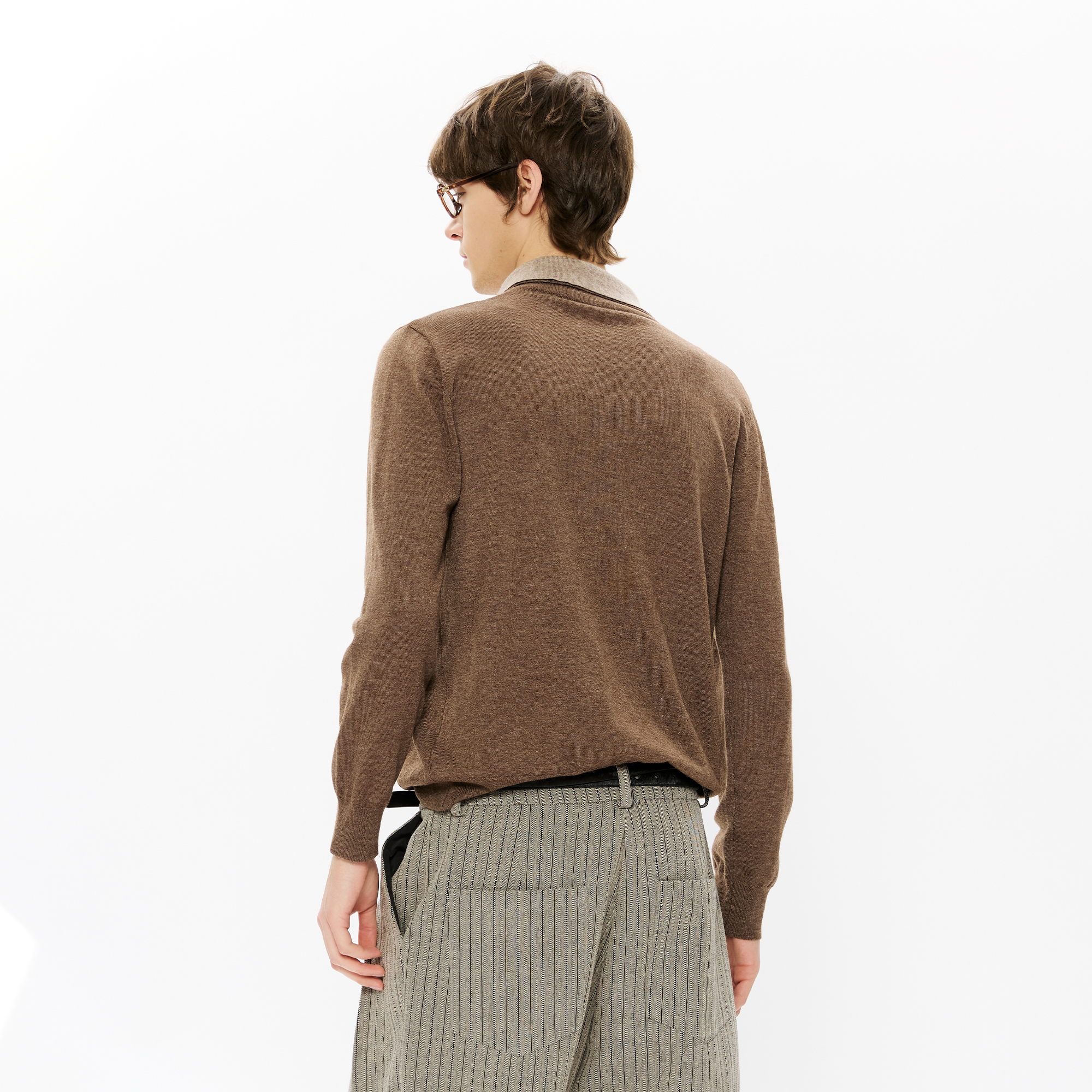 KREATE Double-Collar Wool-Blend Knit Polo-Sweater-S-Coffee-Free Shipping Leatheretro