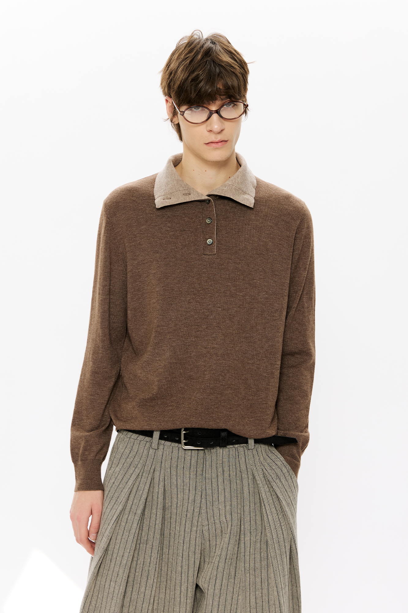 KREATE Double-Collar Wool-Blend Knit Polo-Sweater-S-Coffee-Free Shipping Leatheretro