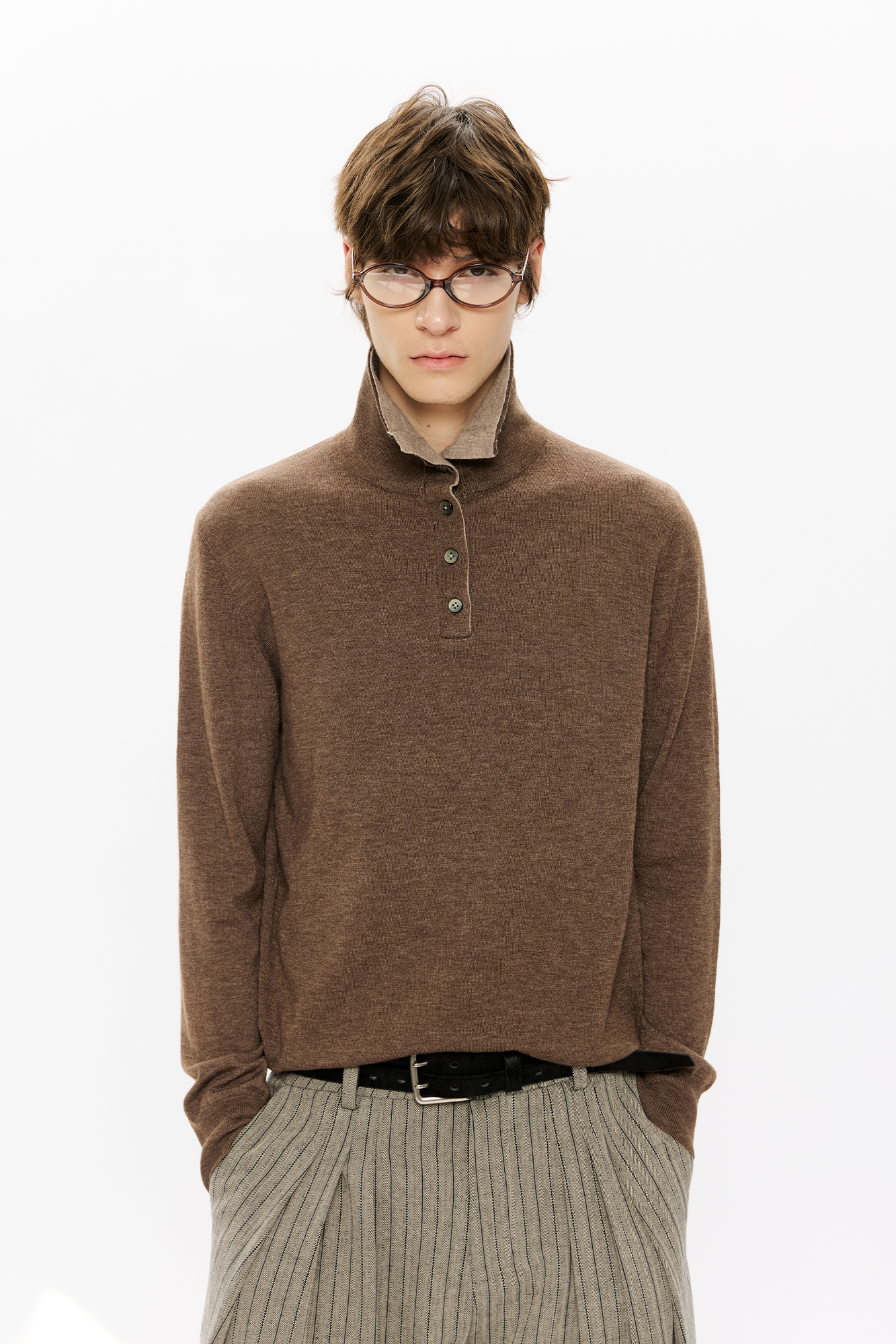 KREATE Double-Collar Wool-Blend Knit Polo-Sweater-S-Coffee-Free Shipping Leatheretro