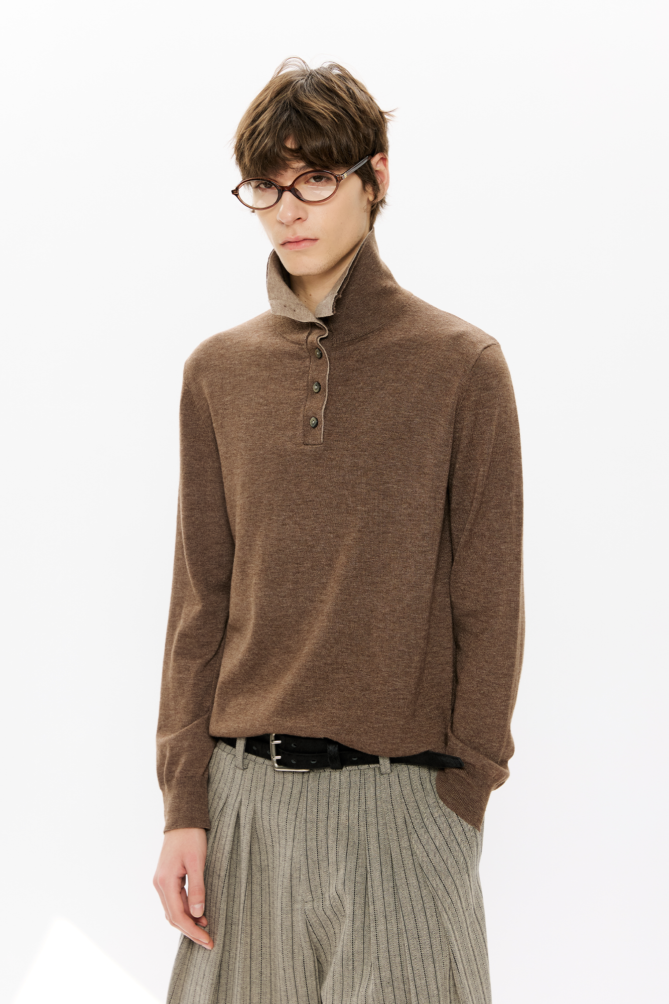 KREATE Double-Collar Wool-Blend Knit Polo-Sweater-S-Coffee-Free Shipping Leatheretro