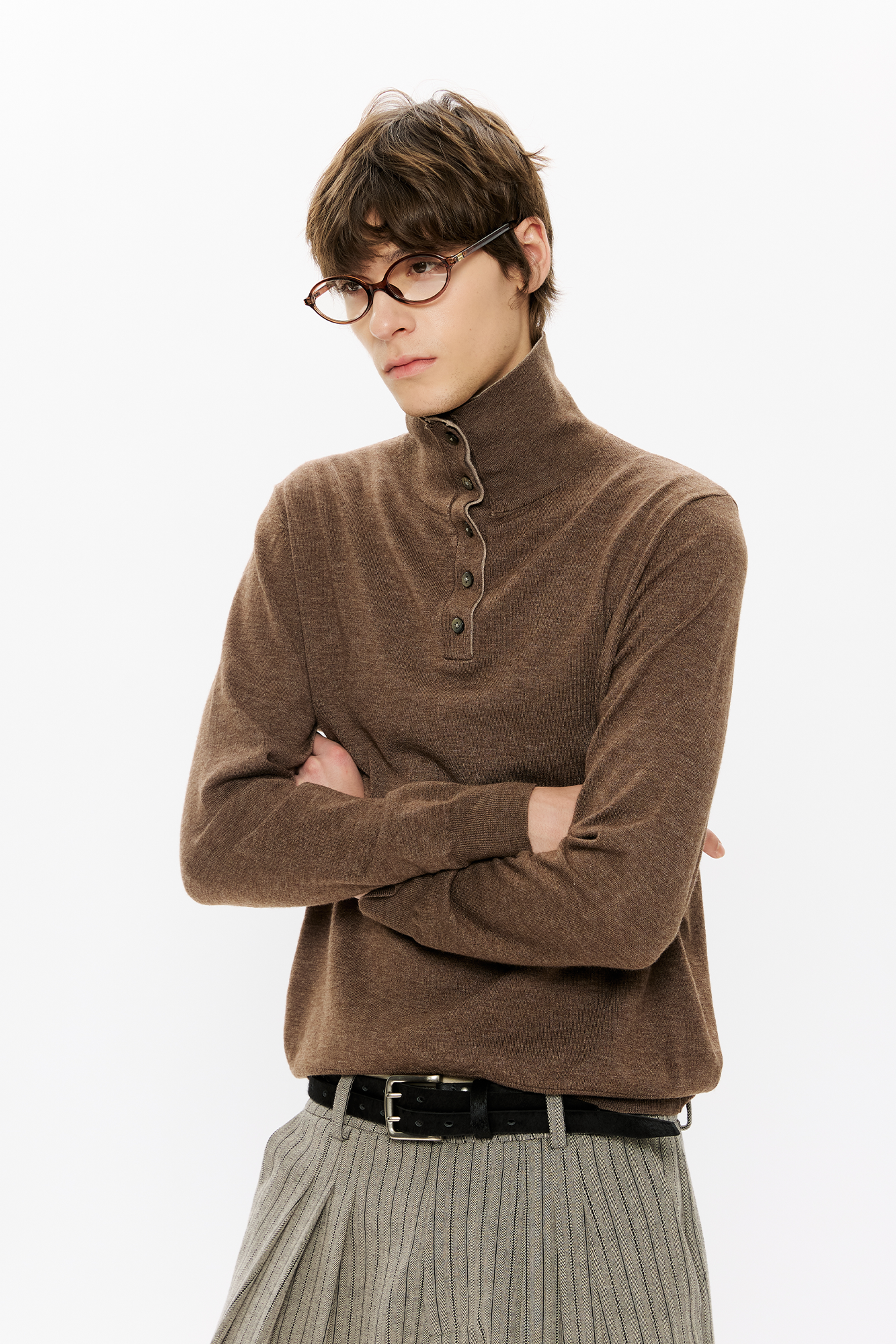 KREATE Double-Collar Wool-Blend Knit Polo-Sweater-S-Coffee-Free Shipping Leatheretro