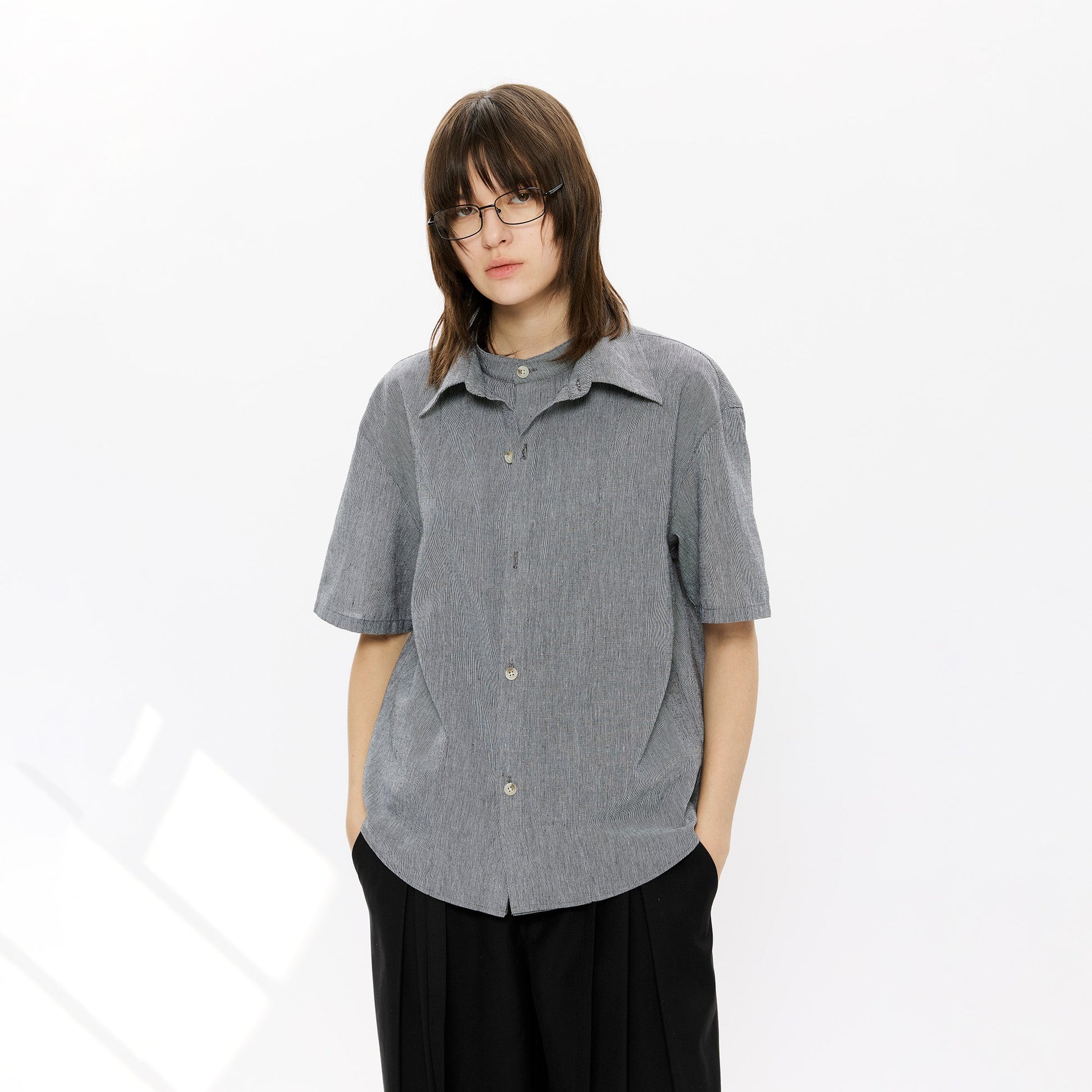 KREATE Layered-Collar Check Short Sleeve Shirt-T Shirt-S-Gray-Free Shipping Leatheretro