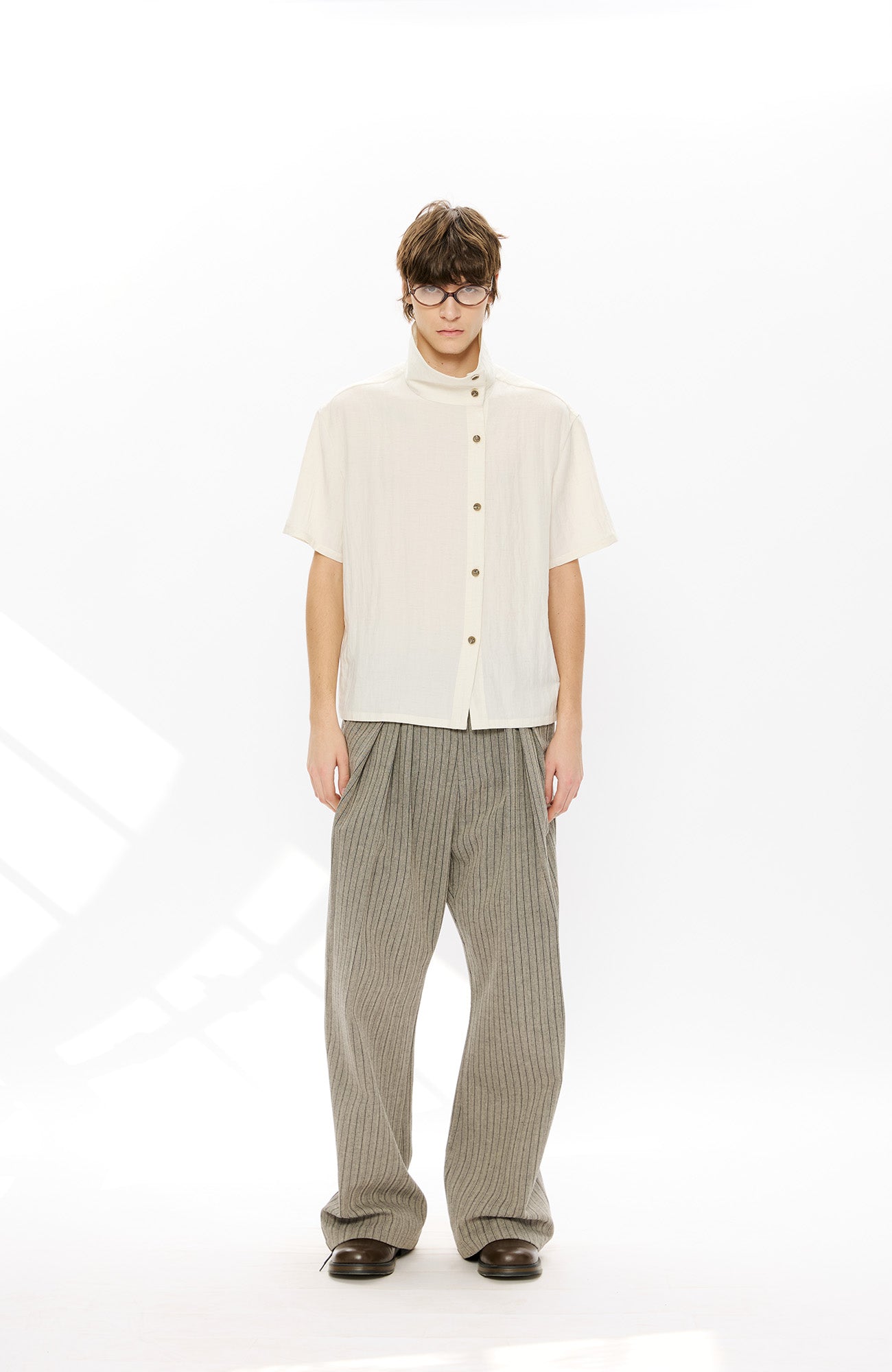 KREATE Asymmetrical Placket Short Sleeve Shirt-T Shirt-S-Apricot-Free Shipping Leatheretro