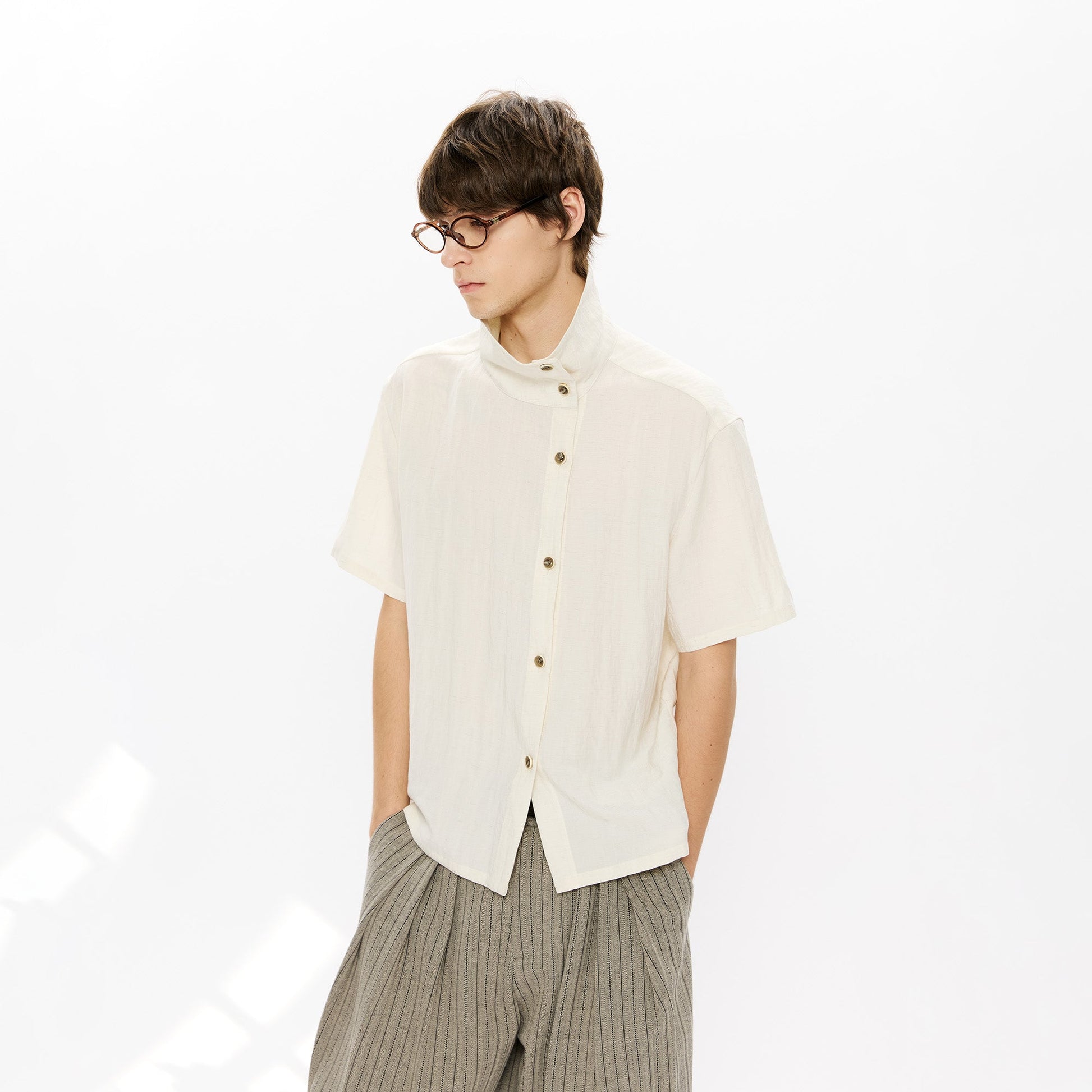 KREATE Asymmetrical Placket Short Sleeve Shirt-T Shirt-S-Apricot-Free Shipping Leatheretro