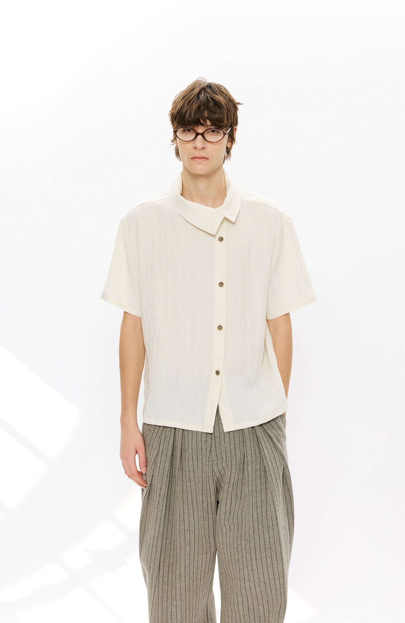 KREATE Asymmetrical Placket Short Sleeve Shirt-T Shirt-S-Apricot-Free Shipping Leatheretro