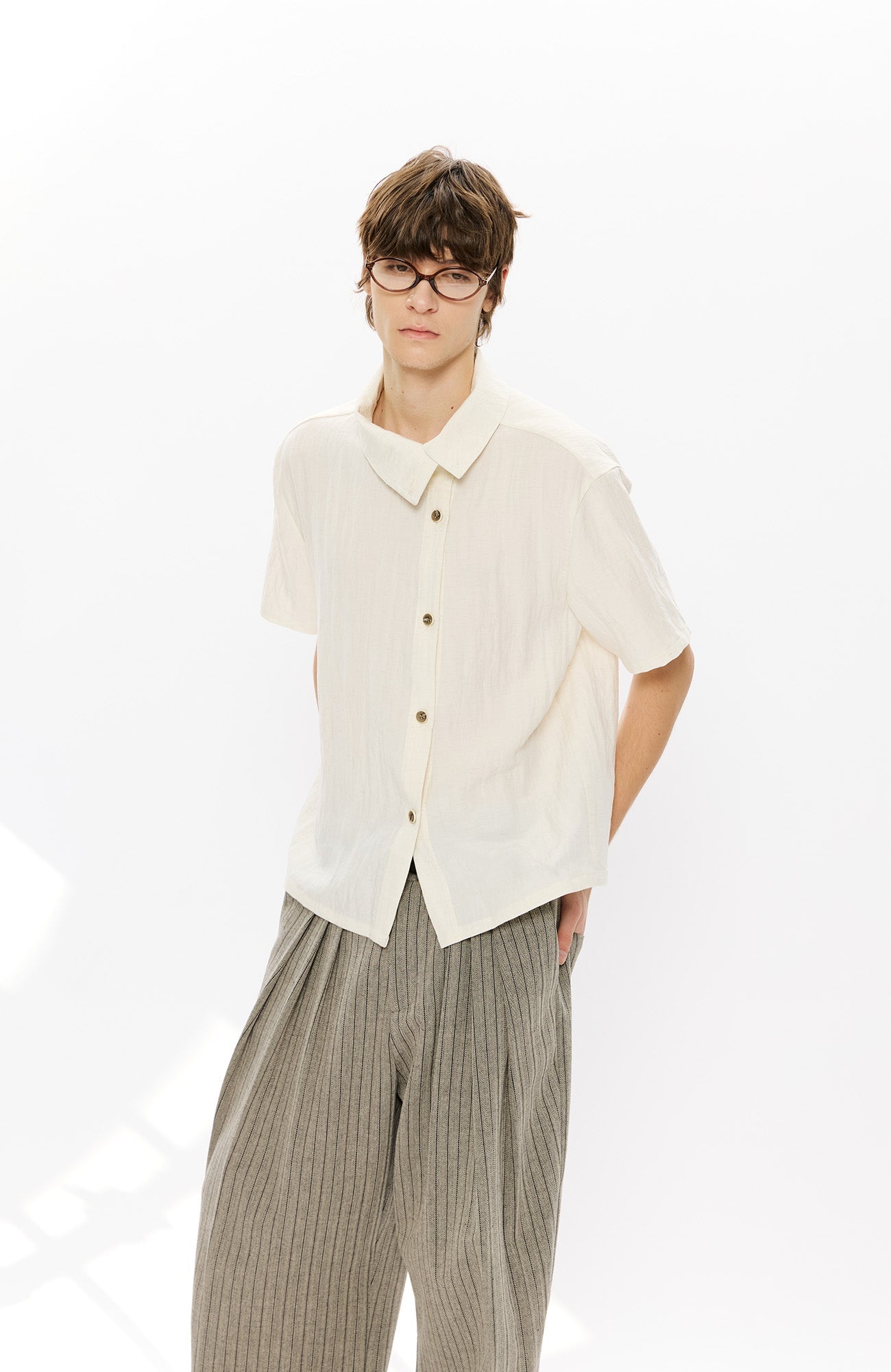 KREATE Asymmetrical Placket Short Sleeve Shirt-T Shirt-S-Apricot-Free Shipping Leatheretro