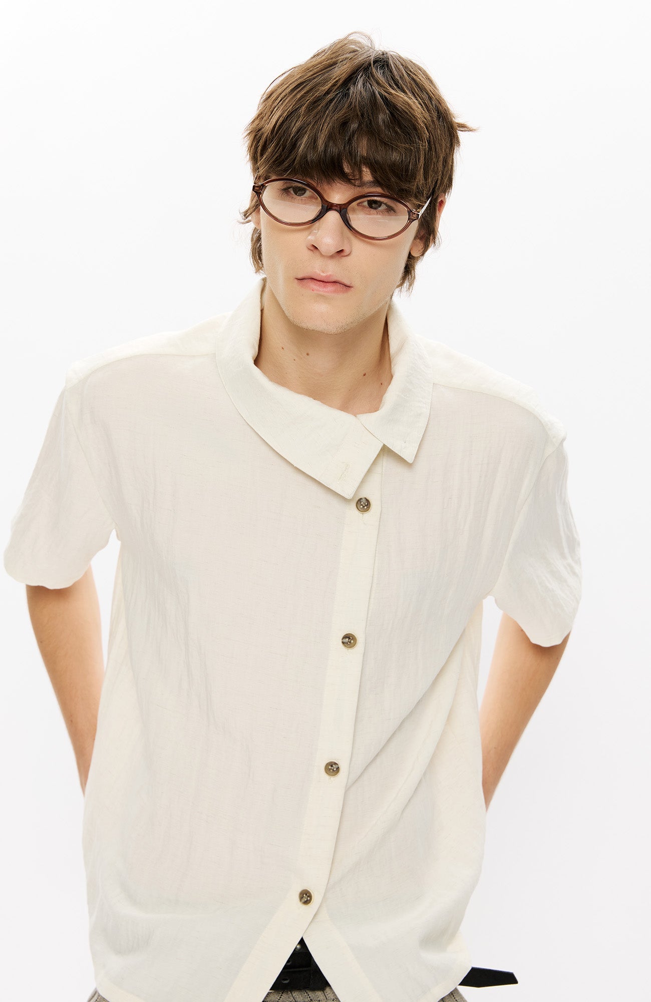 KREATE Asymmetrical Placket Short Sleeve Shirt-T Shirt-S-Apricot-Free Shipping Leatheretro