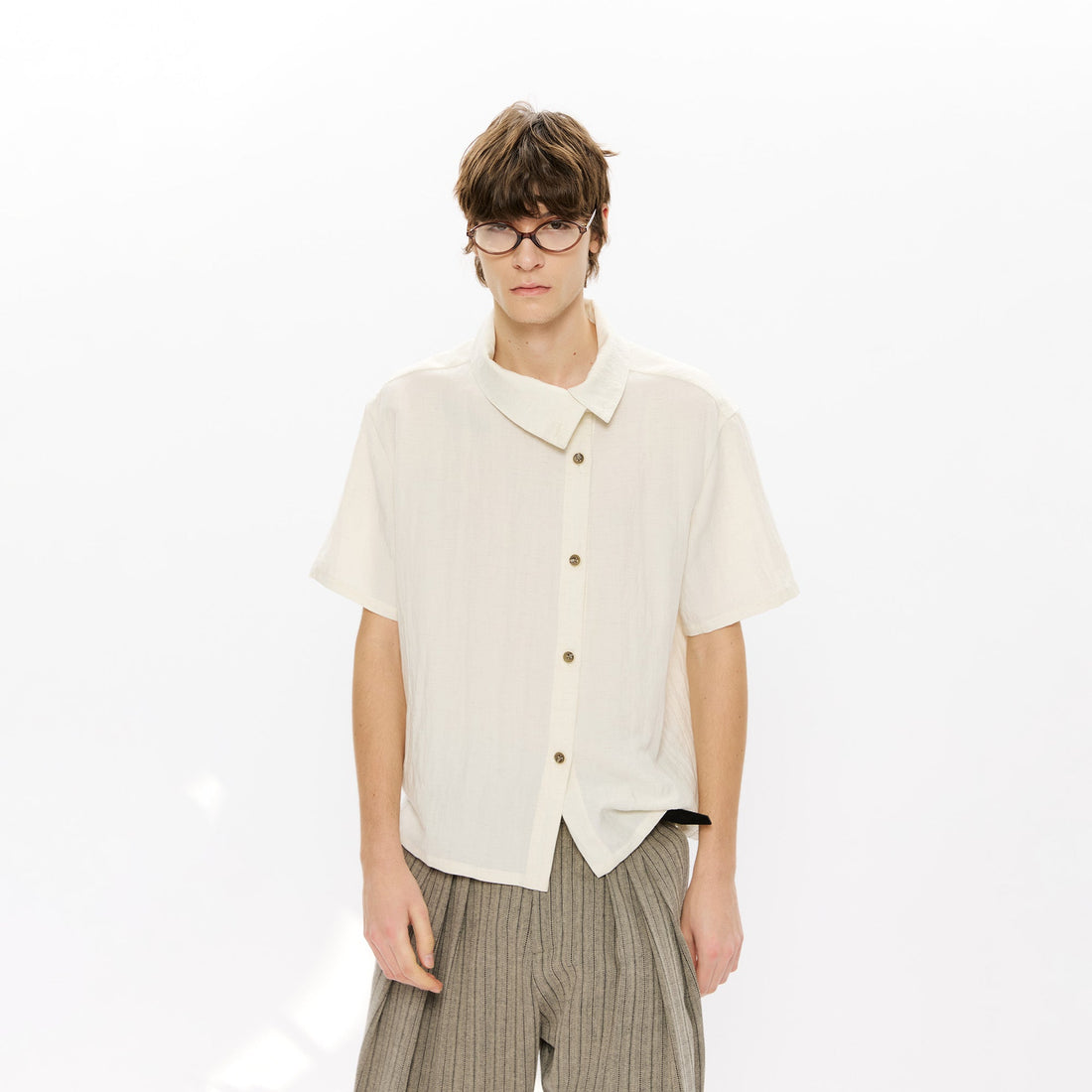 KREATE Asymmetrical Placket Short Sleeve Shirt-T Shirt-S-Apricot-Free Shipping Leatheretro