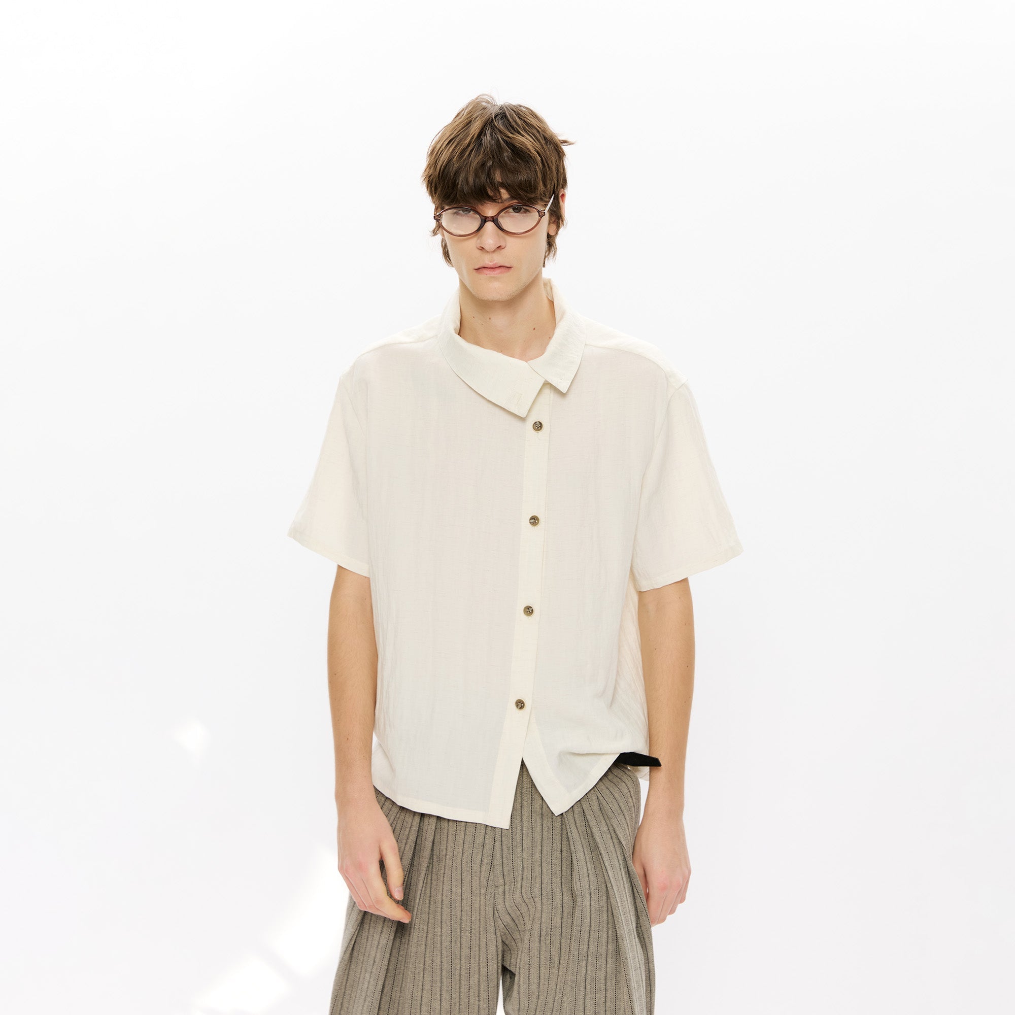 KREATE Asymmetrical Placket Short Sleeve Shirt-T Shirt-S-Apricot-Free Shipping Leatheretro