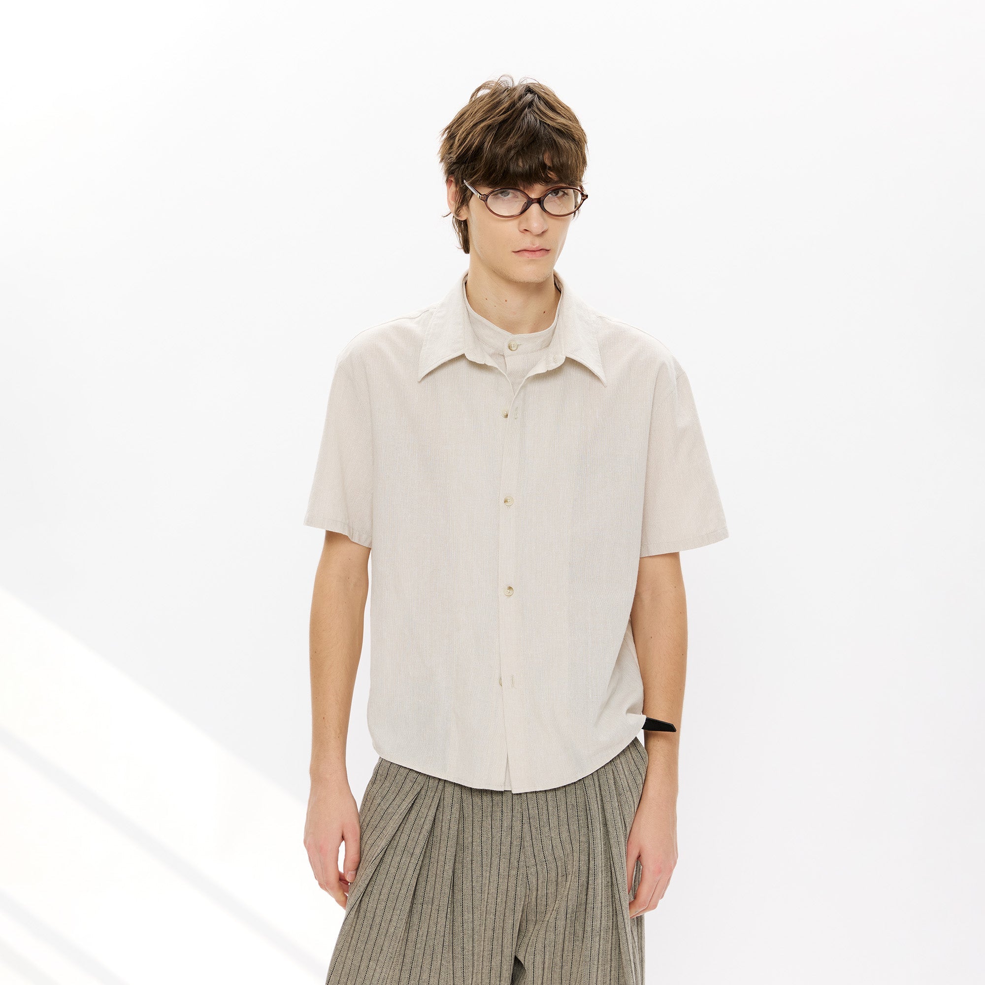 KREATE Layered-Collar Check Short Sleeve Shirt-T Shirt-S-Apricot-Free Shipping Leatheretro
