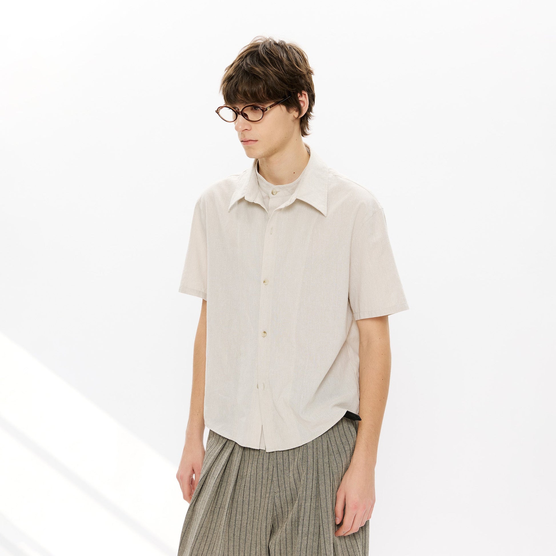 KREATE Layered-Collar Check Short Sleeve Shirt-T Shirt-S-Apricot-Free Shipping Leatheretro