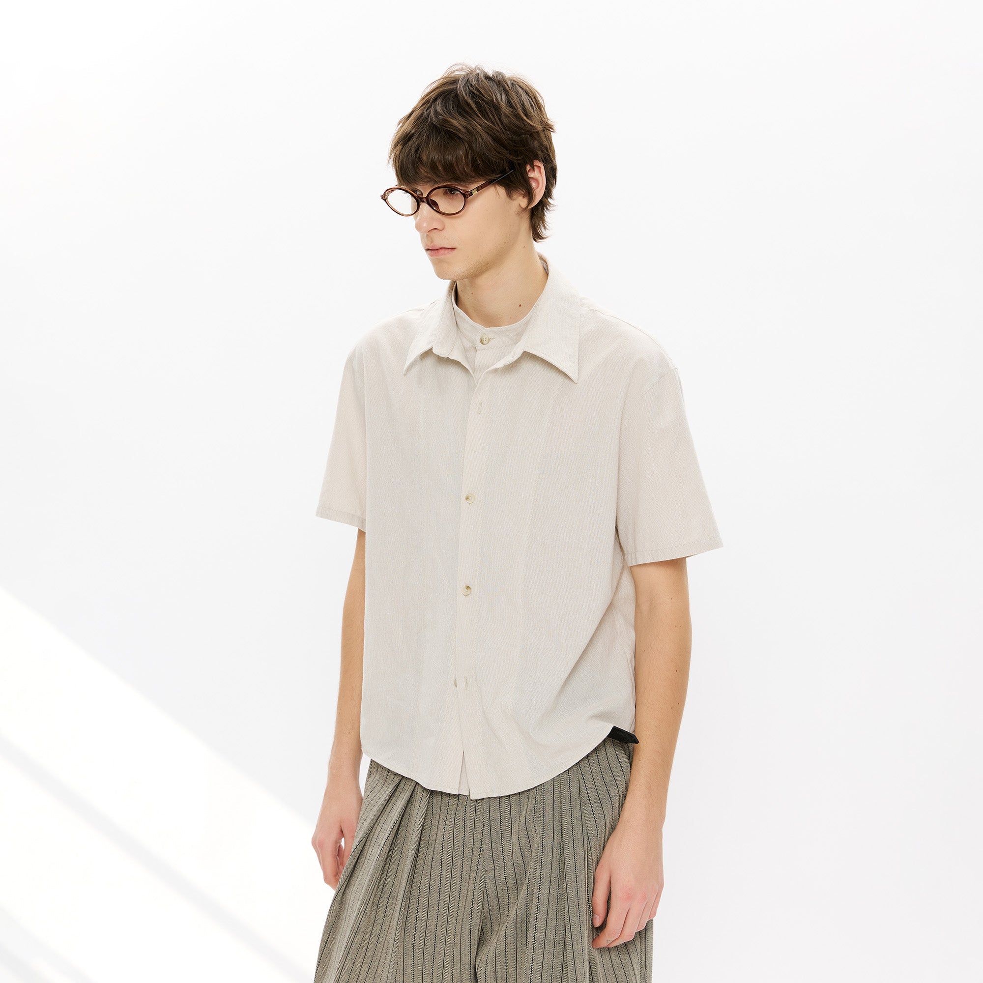 KREATE Layered-Collar Check Short Sleeve Shirt-T Shirt-S-Apricot-Free Shipping Leatheretro