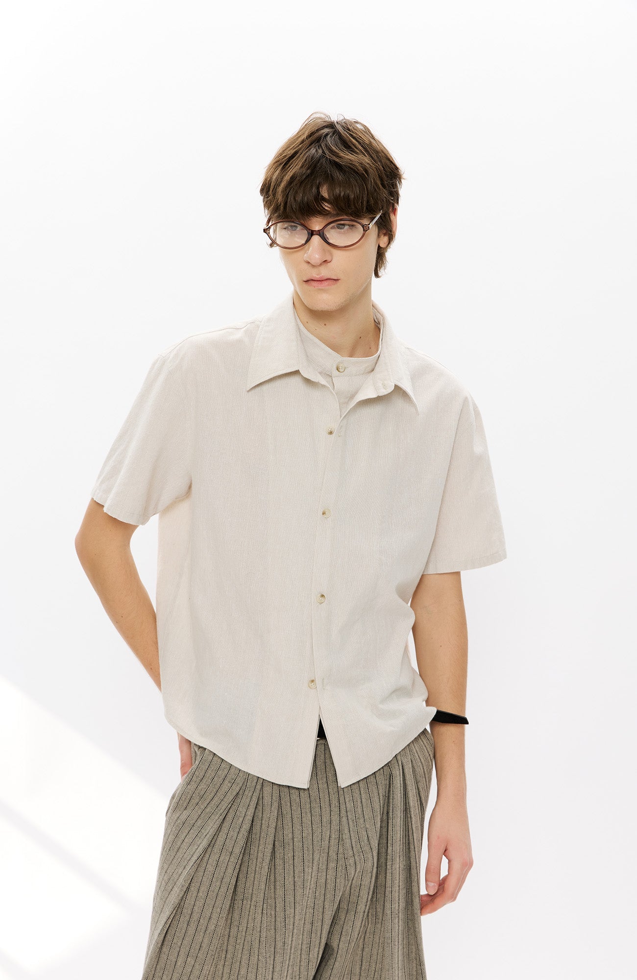 KREATE Layered-Collar Check Short Sleeve Shirt-T Shirt-S-Apricot-Free Shipping Leatheretro