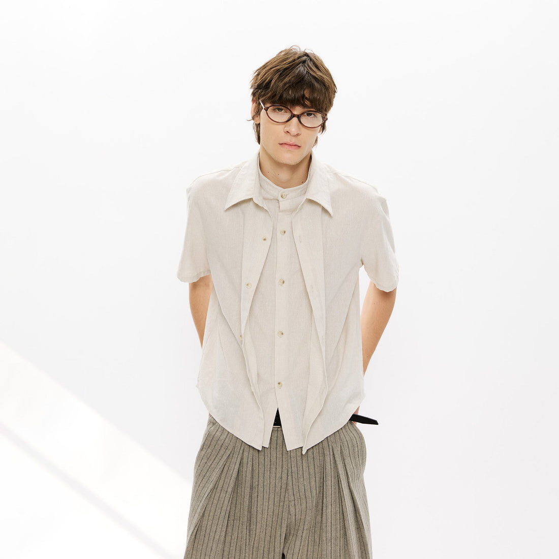 KREATE Layered-Collar Check Short Sleeve Shirt-T Shirt-S-Apricot-Free Shipping Leatheretro