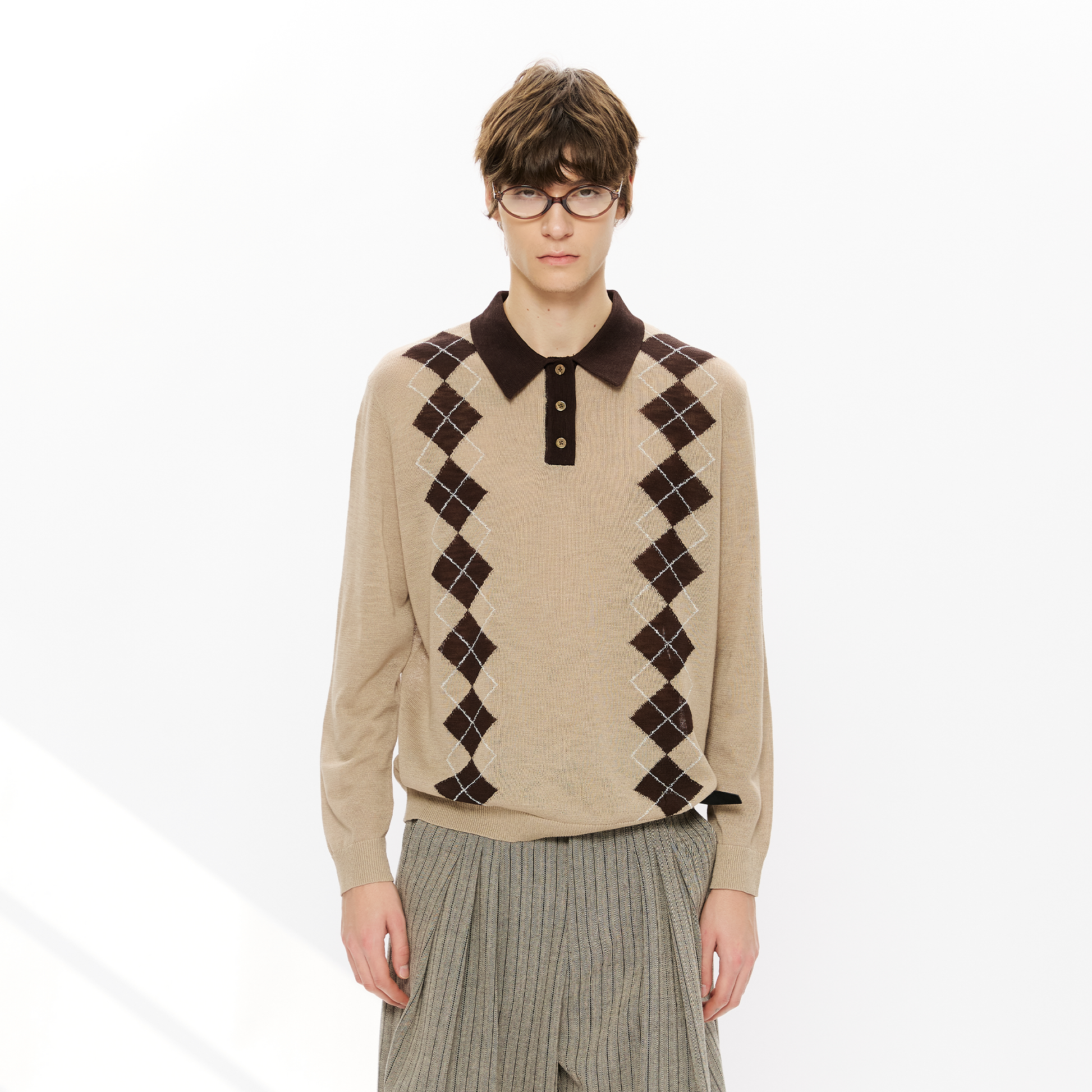 KREATE Retro Argyle Polo Sweater-Sweater-S (Preorder)-Khaki-Free Shipping Leatheretro
