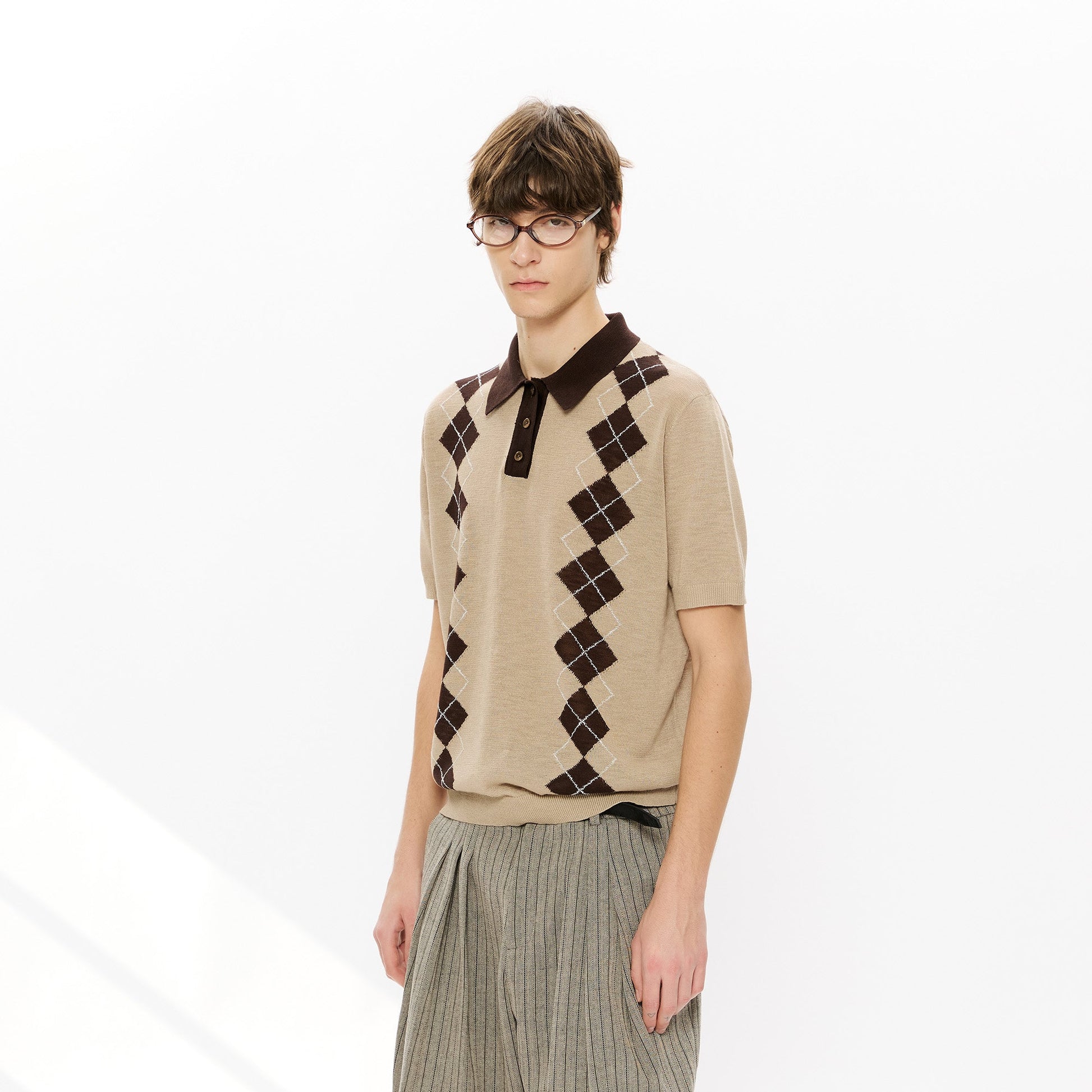 KREATE Retro Diamond-Knit Short Sleeve Polo-T Shirt-S-Gray-Free Shipping Leatheretro