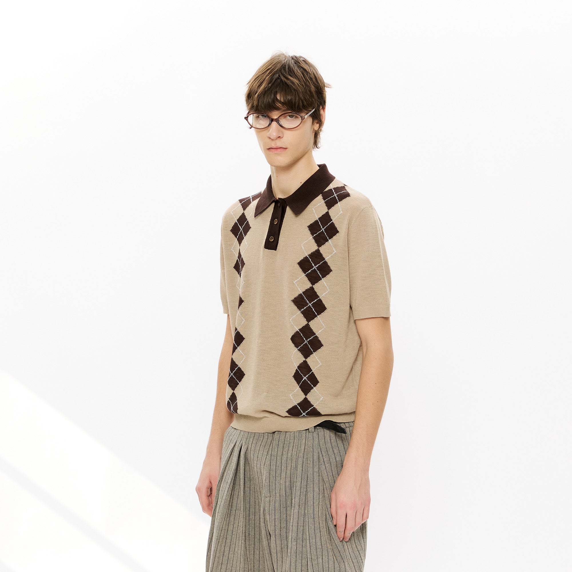 KREATE Retro Diamond-Knit Short Sleeve Polo-T Shirt-S-Gray-Free Shipping Leatheretro