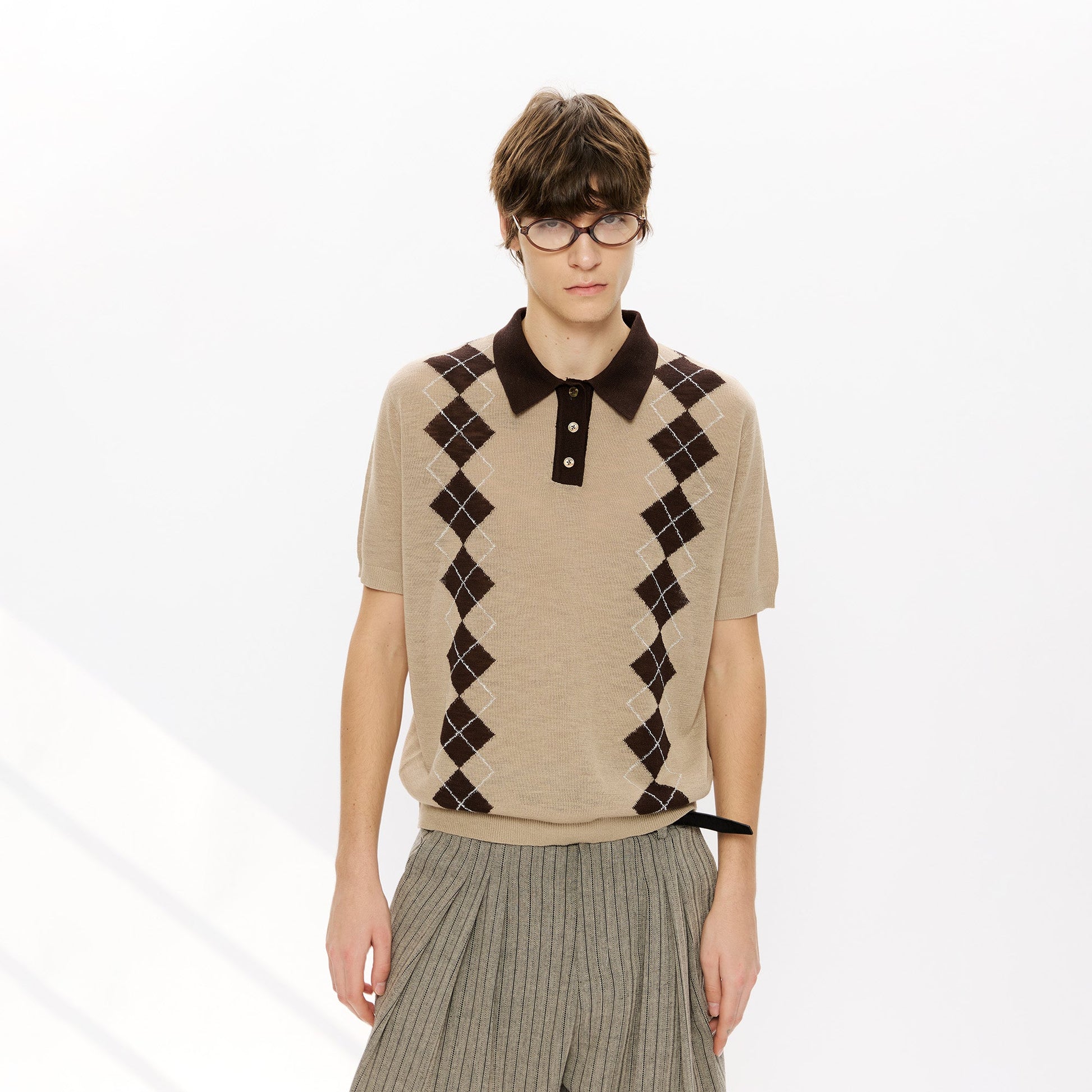 KREATE Retro Diamond-Knit Short Sleeve Polo-T Shirt-S-Khaki-Free Shipping Leatheretro