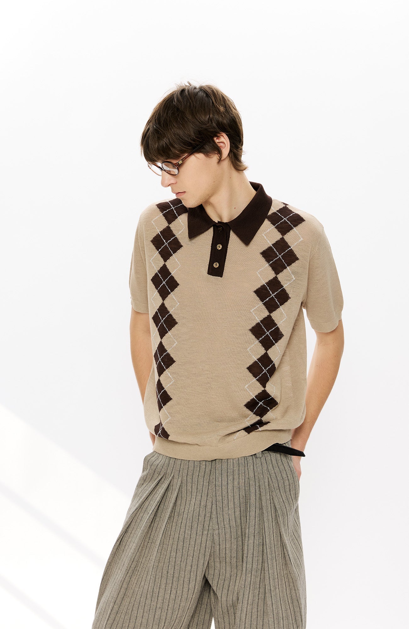 KREATE Retro Diamond-Knit Short Sleeve Polo-T Shirt-S-Gray-Free Shipping Leatheretro