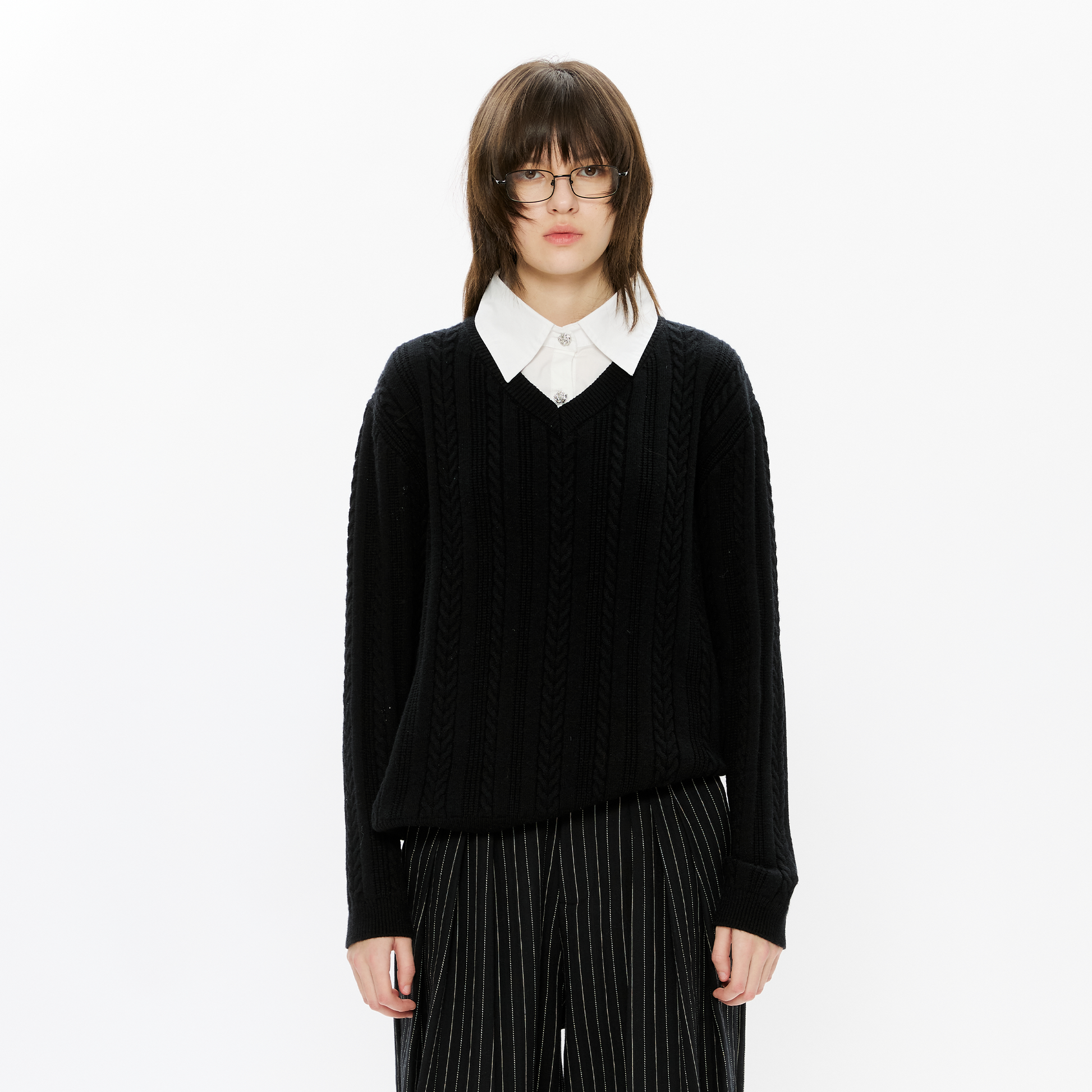 KREATE Cable-Knit Layered Shirt Sweater-Sweater-S (Preorder)-Free Shipping Leatheretro