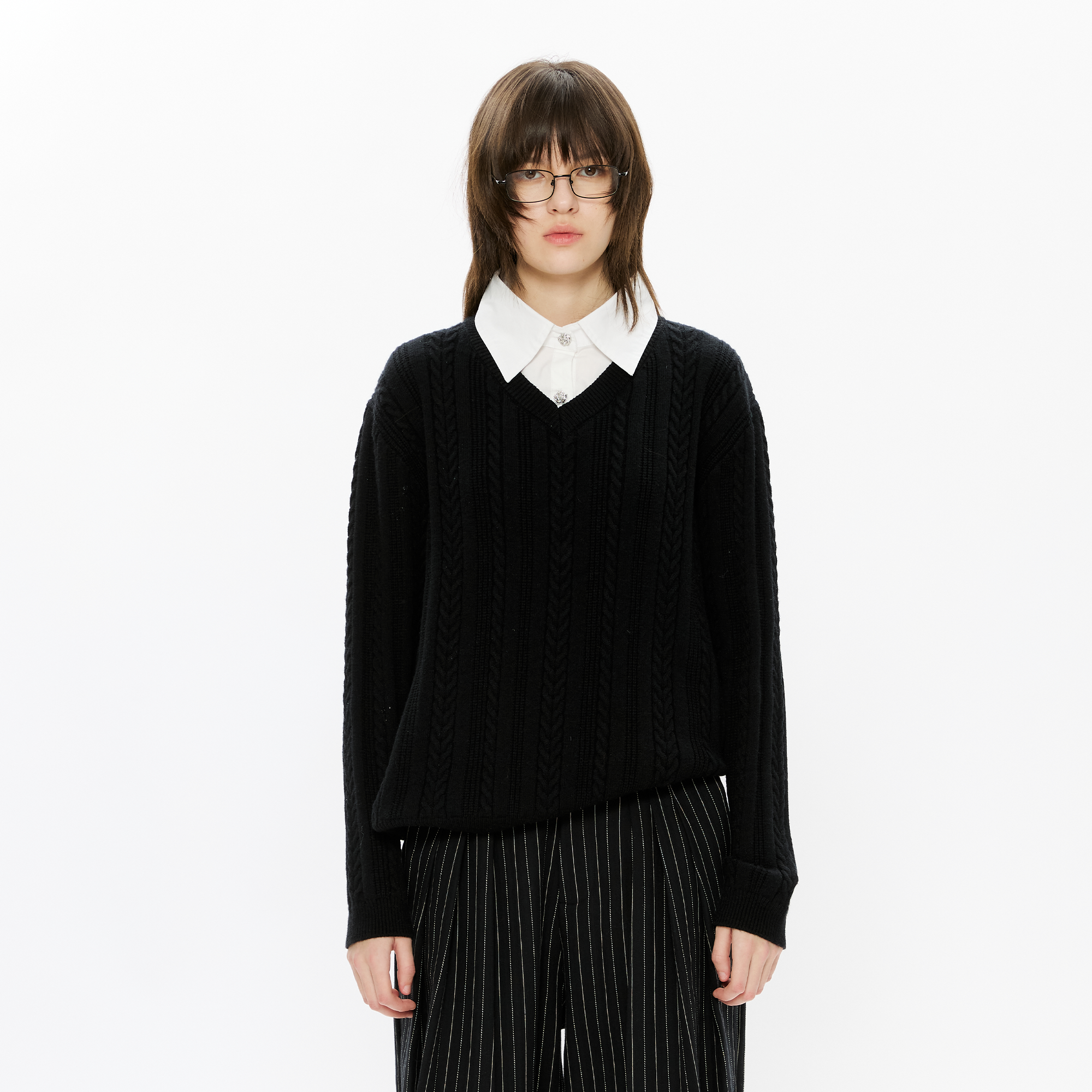 KREATE Cable-Knit Layered Shirt Sweater-Sweater-S (Preorder)-Free Shipping Leatheretro