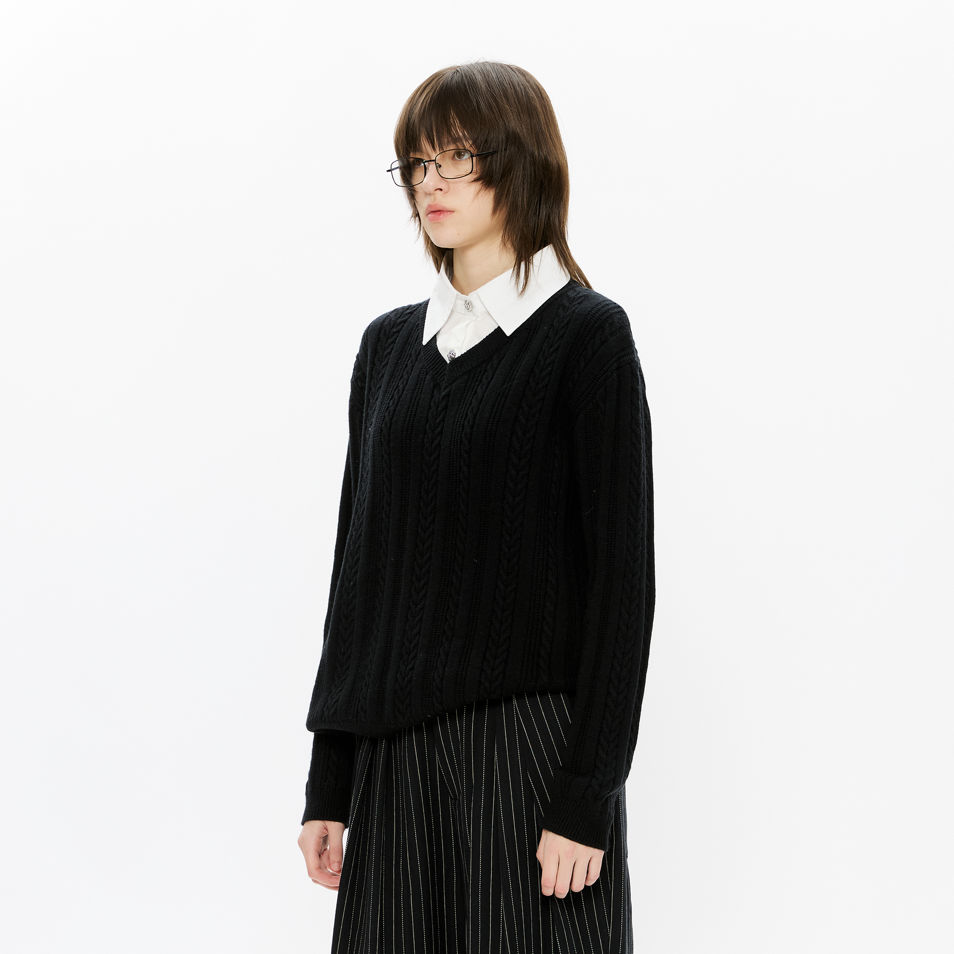 KREATE Cable-Knit Layered Shirt Sweater-Sweater-S (Preorder)-Free Shipping Leatheretro