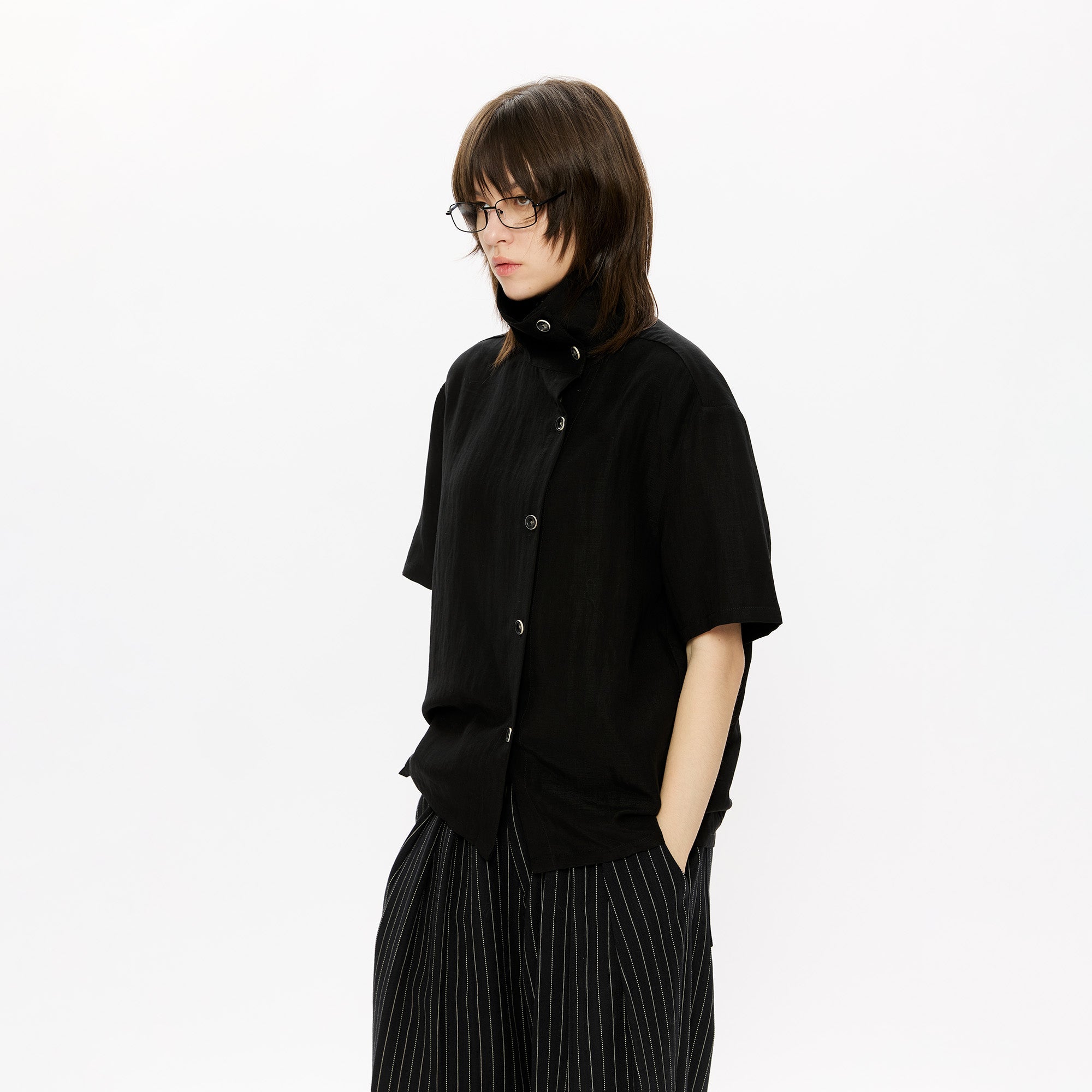 KREATE Asymmetrical Placket Short Sleeve Shirt-T Shirt-S-Apricot-Free Shipping Leatheretro