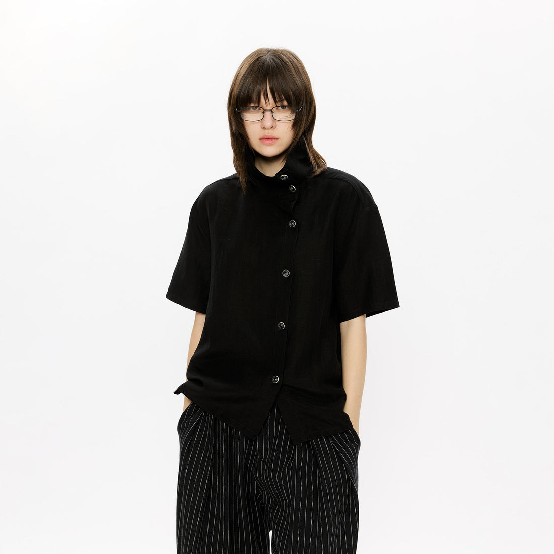 KREATE Asymmetrical Placket Short Sleeve Shirt-T Shirt-S-Apricot-Free Shipping Leatheretro