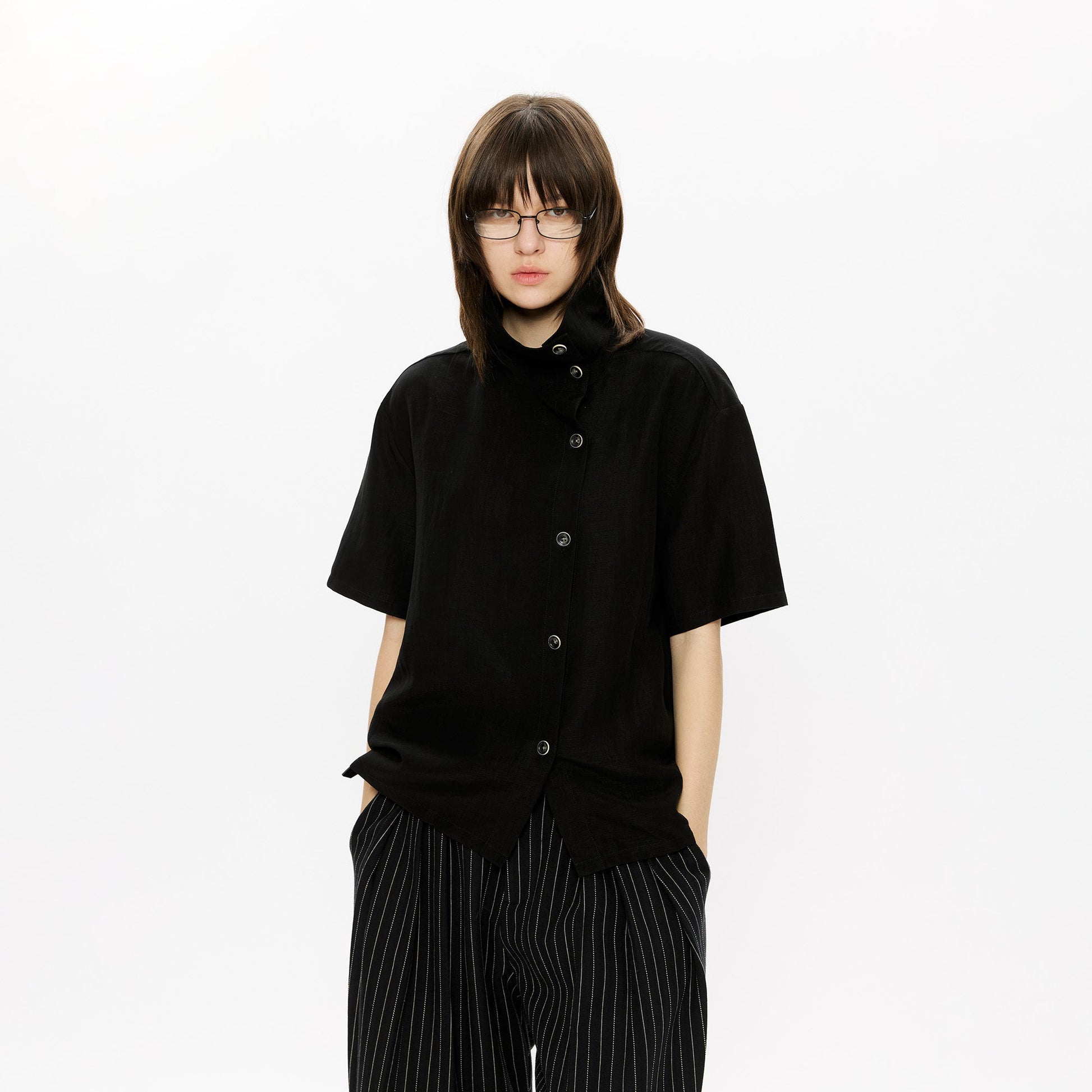 KREATE Asymmetrical Placket Short Sleeve Shirt-T Shirt-S-Black-Free Shipping Leatheretro