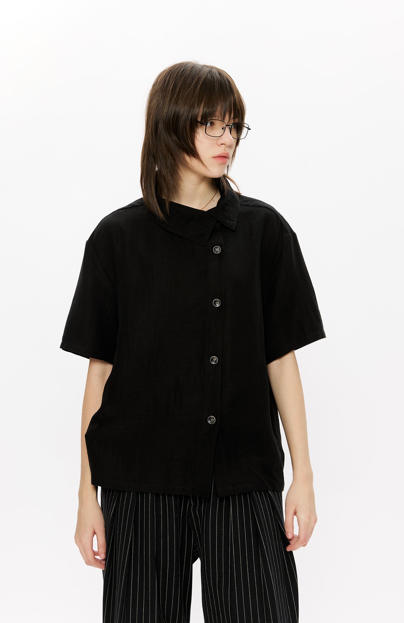 KREATE Asymmetrical Placket Short Sleeve Shirt-T Shirt-S-Apricot-Free Shipping Leatheretro