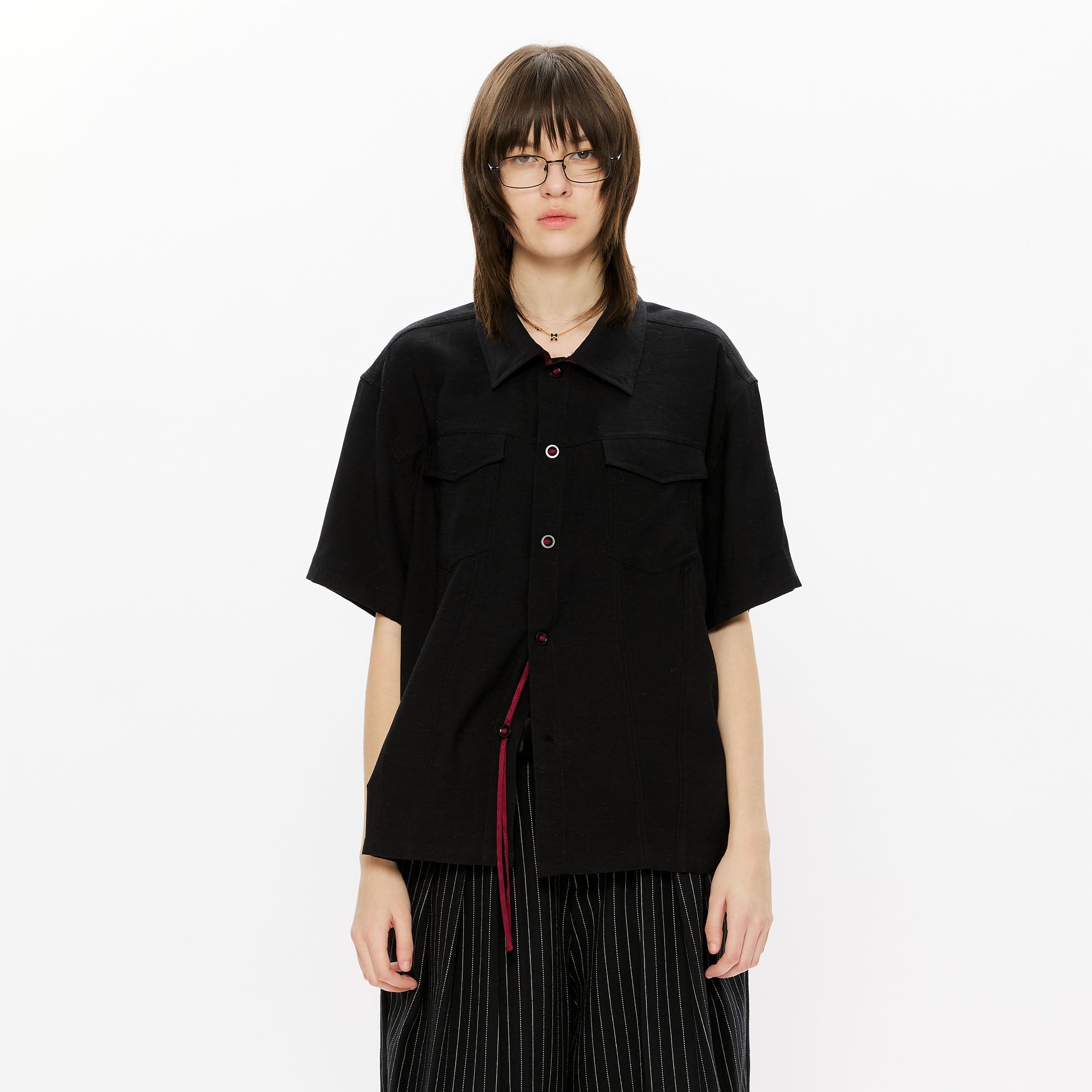KREATE Contrast Collar Linen Half Shirt-Half shirt-S-Black-Free Shipping Leatheretro
