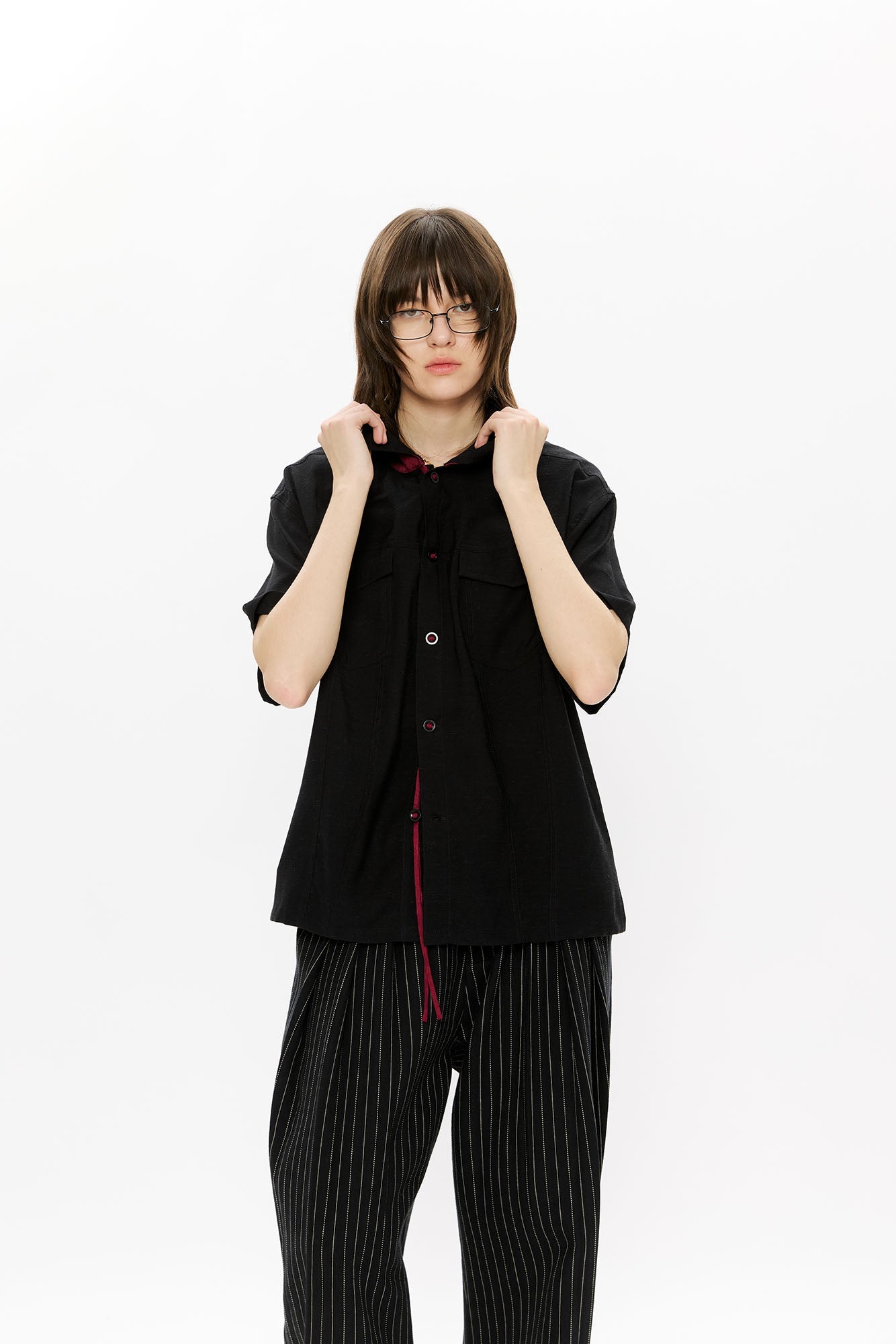 KREATE Contrast Collar Linen Half Shirt-Half shirt-S-Black-Free Shipping Leatheretro