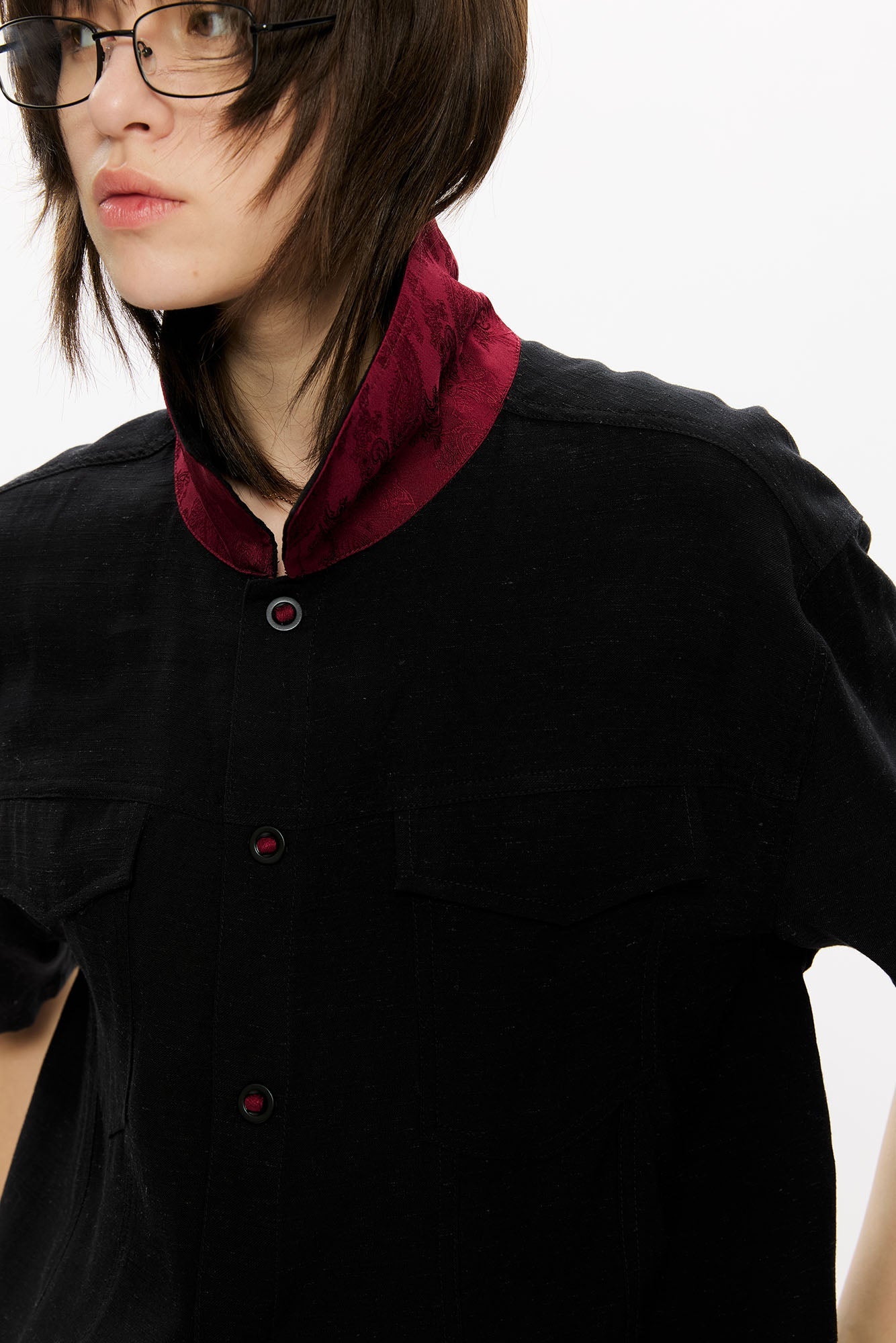KREATE Contrast Collar Linen Half Shirt-Half shirt-S-Black-Free Shipping Leatheretro