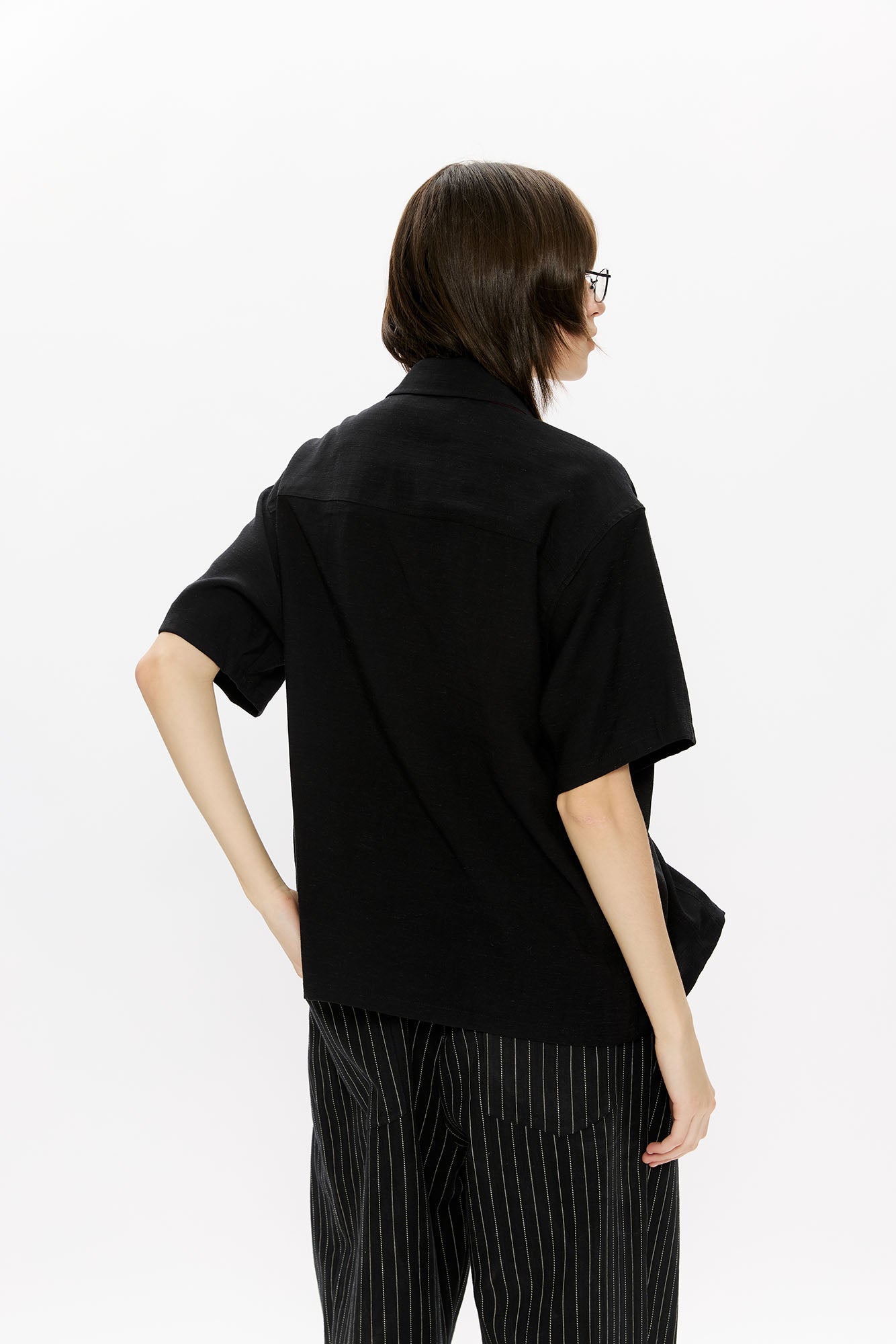 KREATE Contrast Collar Linen Half Shirt-Half shirt-S-Black-Free Shipping Leatheretro
