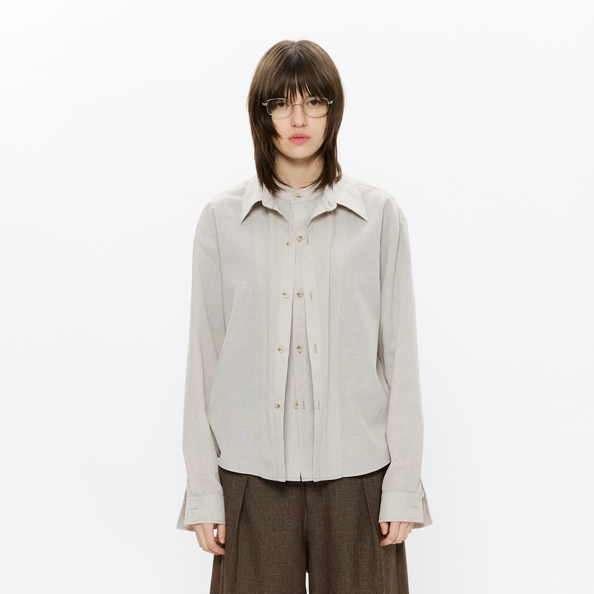 KREATE Linen Layered Check Shirt-Shirt-S-Beige-Free Shipping Leatheretro