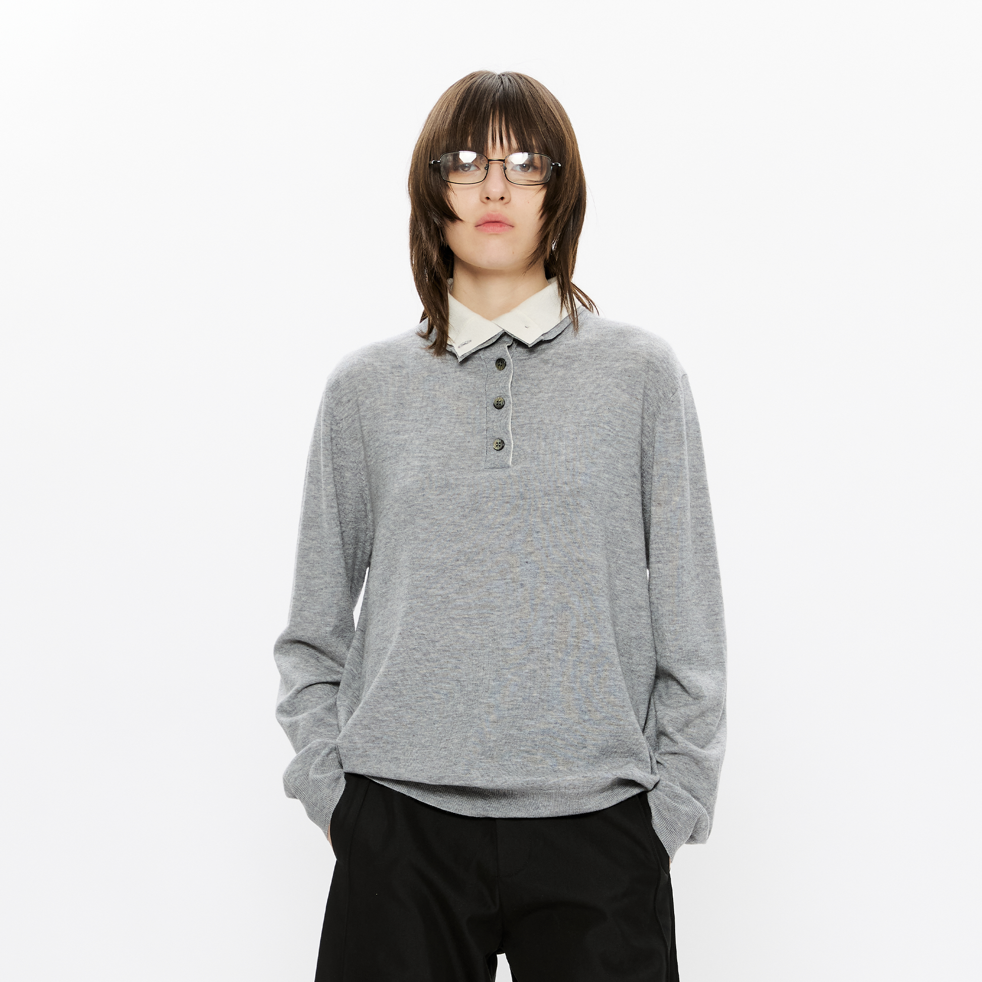 KREATE Double-Collar Wool-Blend Knit Polo-Sweater-S-Grey-Free Shipping Leatheretro