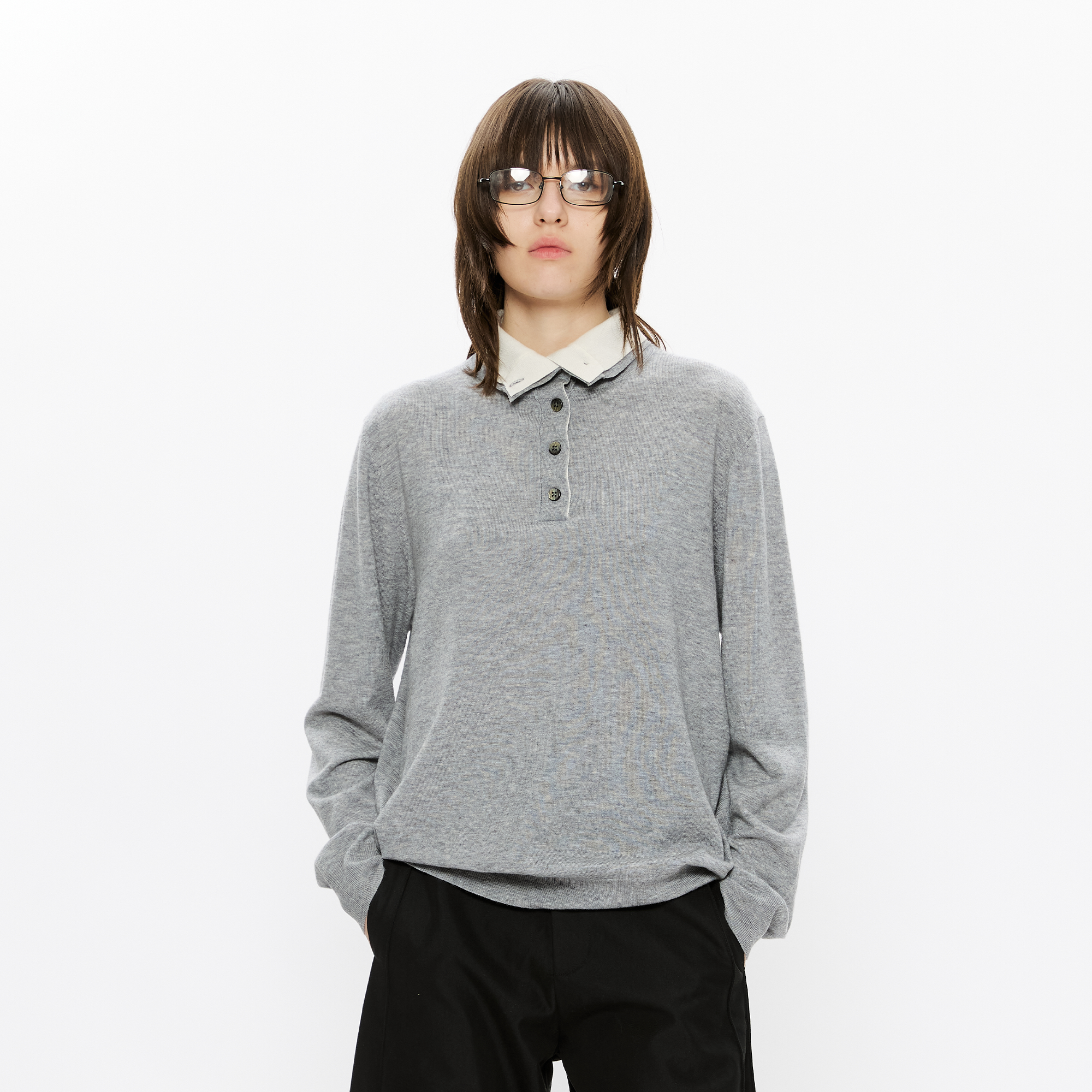 KREATE Double-Collar Wool-Blend Knit Polo-Sweater-S-Grey-Free Shipping Leatheretro