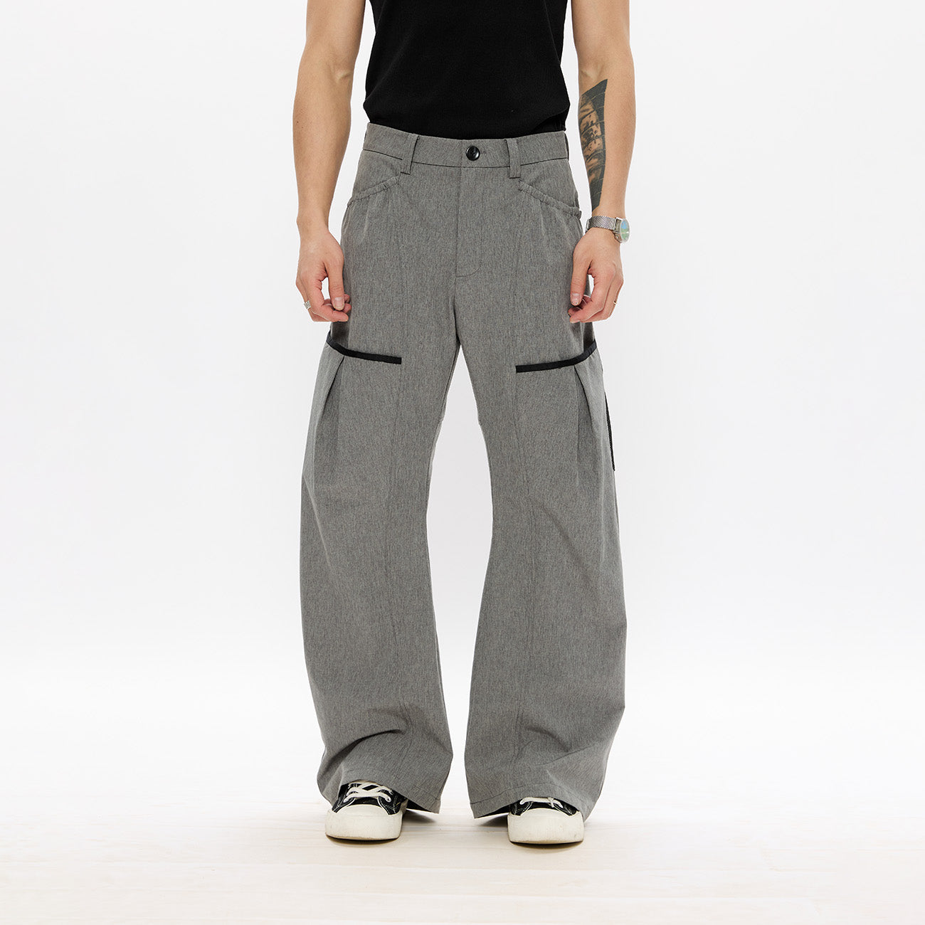 KREATE Curved Panel Utility Trousers-Jeans-S-Gray-Free Shipping Leatheretro