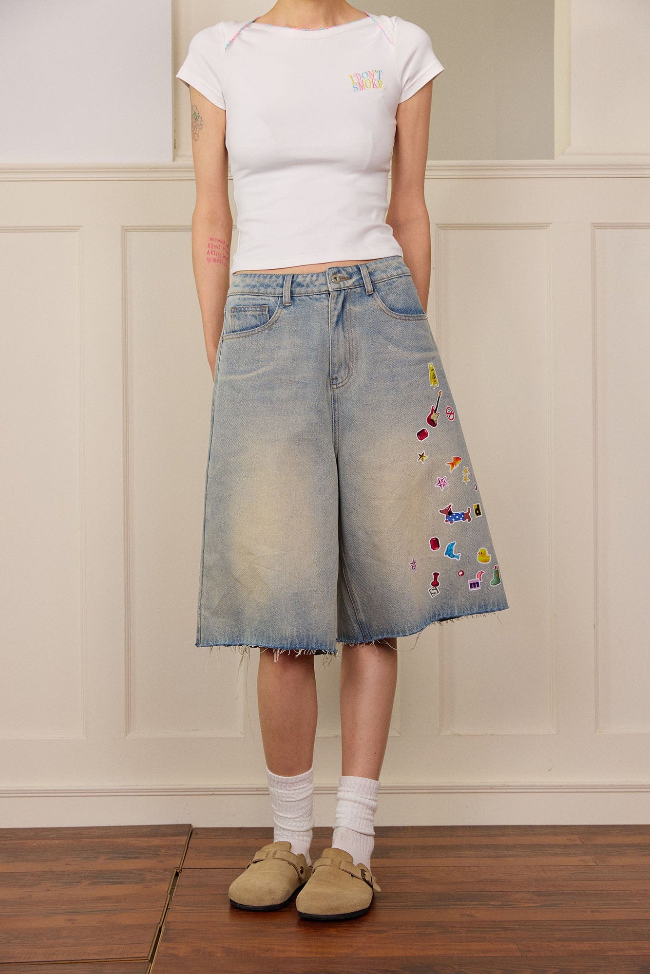 DONSMOKE Whimsical Stickers Washed Raw-Edge Shorts-Shorts-S-Blue-Free Shipping Leatheretro