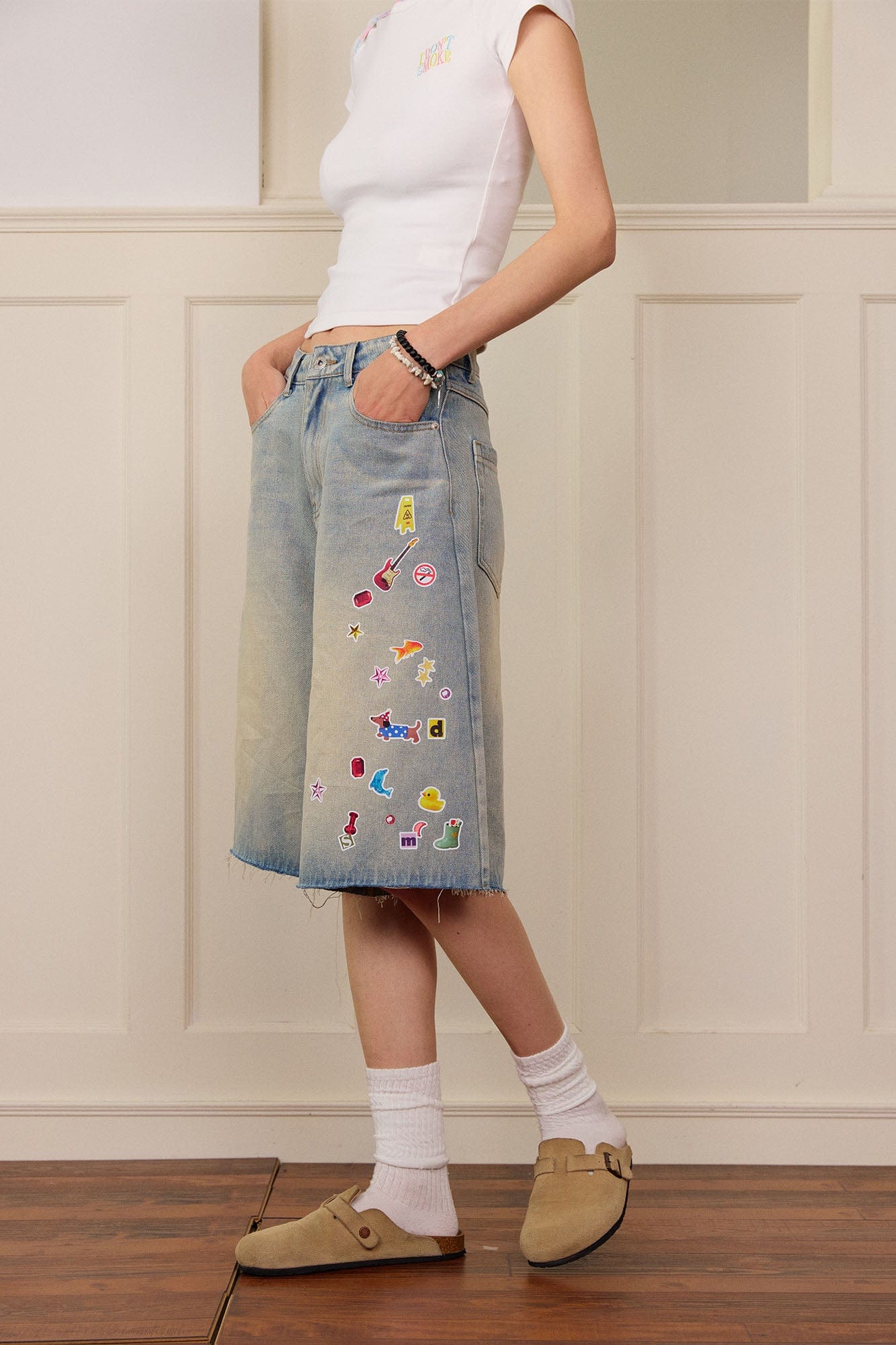 DONSMOKE Whimsical Stickers Washed Raw-Edge Shorts-Shorts-S-Blue-Free Shipping Leatheretro