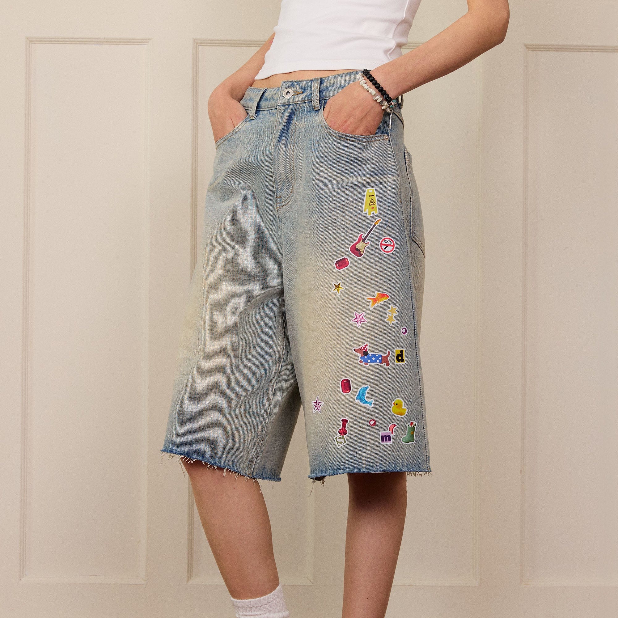 DONSMOKE Whimsical Stickers Washed Raw-Edge Shorts-Shorts-S-Blue-Free Shipping Leatheretro