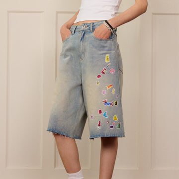 DONSMOKE Whimsical Stickers Washed Raw-Edge Shorts-Shorts-S-Blue-Free Shipping Leatheretro