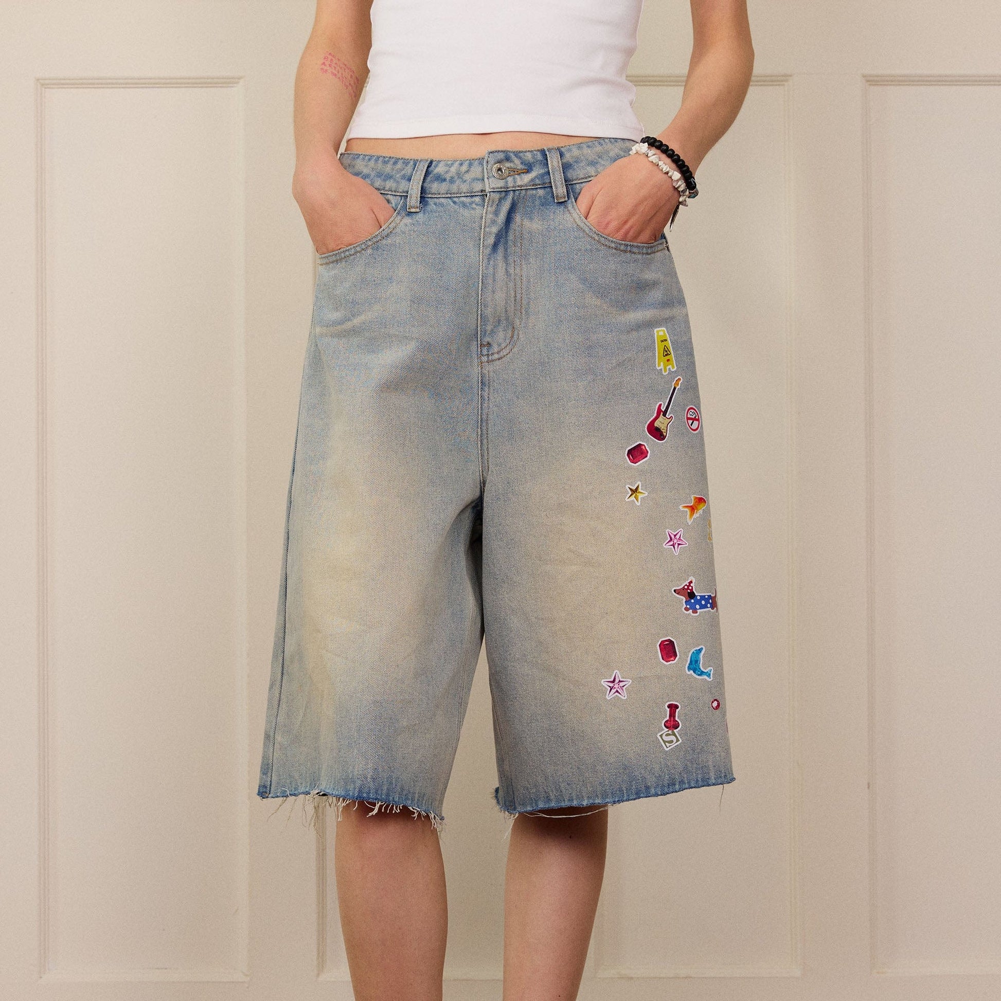 DONSMOKE Whimsical Stickers Washed Raw-Edge Shorts-Shorts-S-Blue-Free Shipping Leatheretro