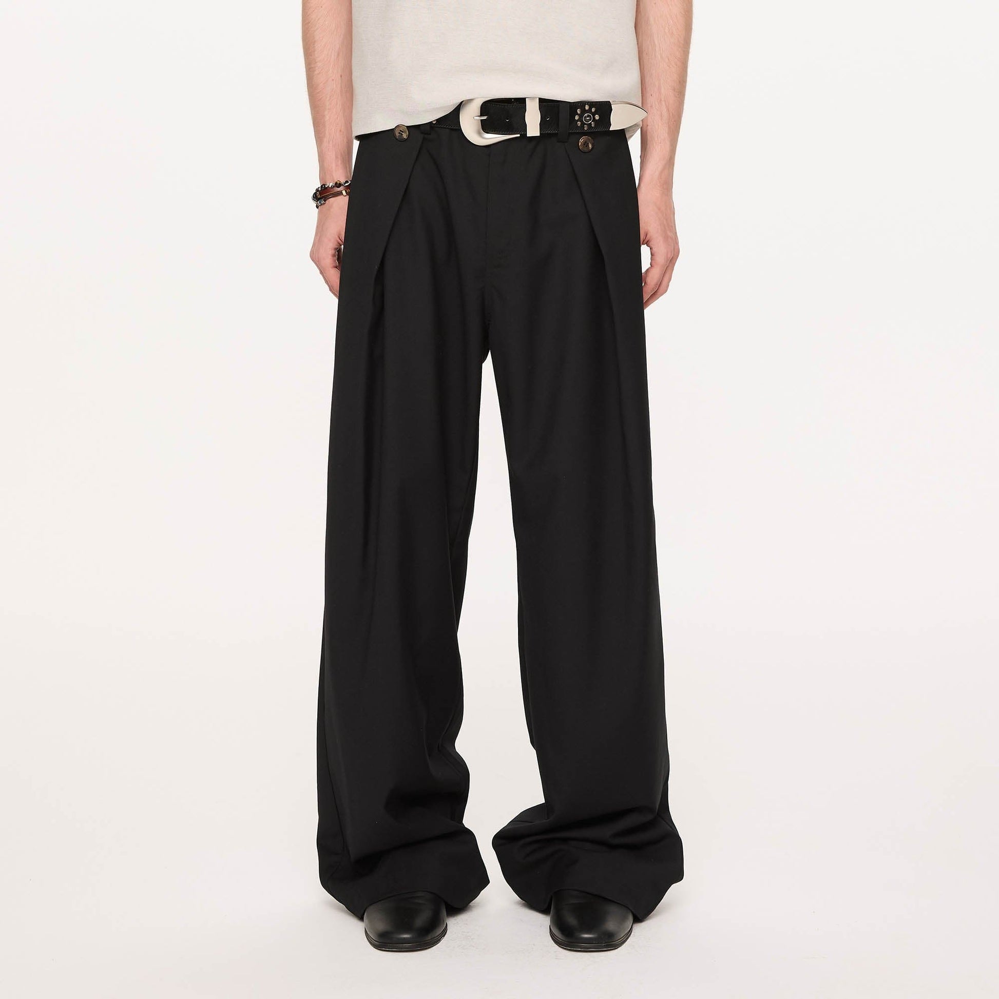 KREATE Inverted Pleats Wide-Leg Trousers-Pants-S-Black-Free Shipping Leatheretro